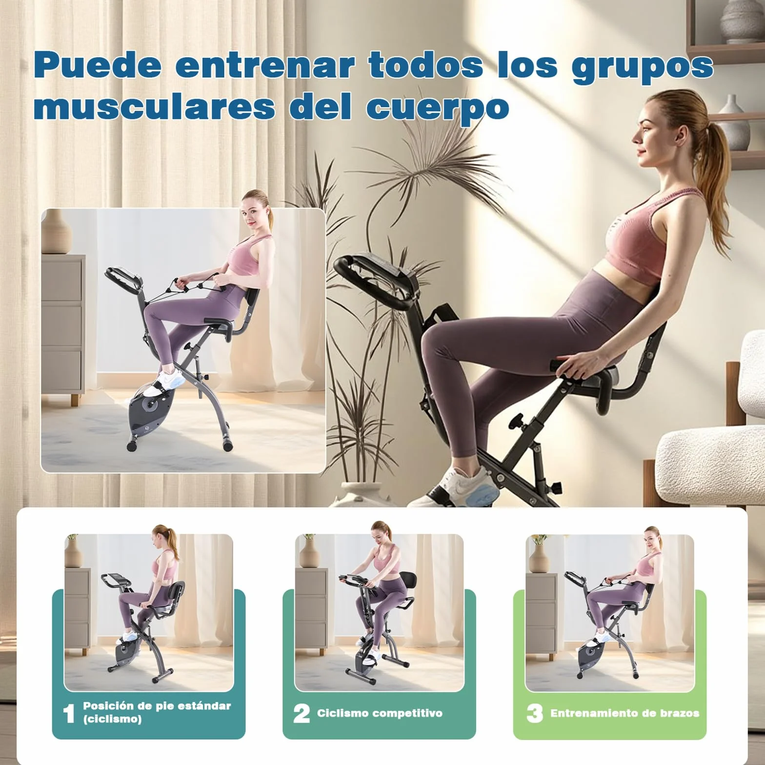 Bicicleta estática de 10 niveles de resistencia magnética ajustable, plegable y silenciosa, con banda de resistencia de brazos, pantalla LCD, utilizada para bicicleta de entrenamiento aeróbico en casa, capacidad de peso estacionaria de 250 libras