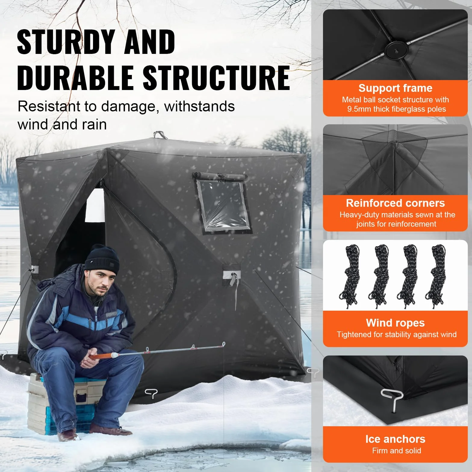 VEVOR Portable Pop-Up Ice Fishing Tent, 1-8 Person Insulated Ice Shelter, Large Fishing Area, Hub-Style Ice Shanty for Winter Fishing, Waterproof Oxford Ice Cube with Anchors/Ropes/Carrying Bag