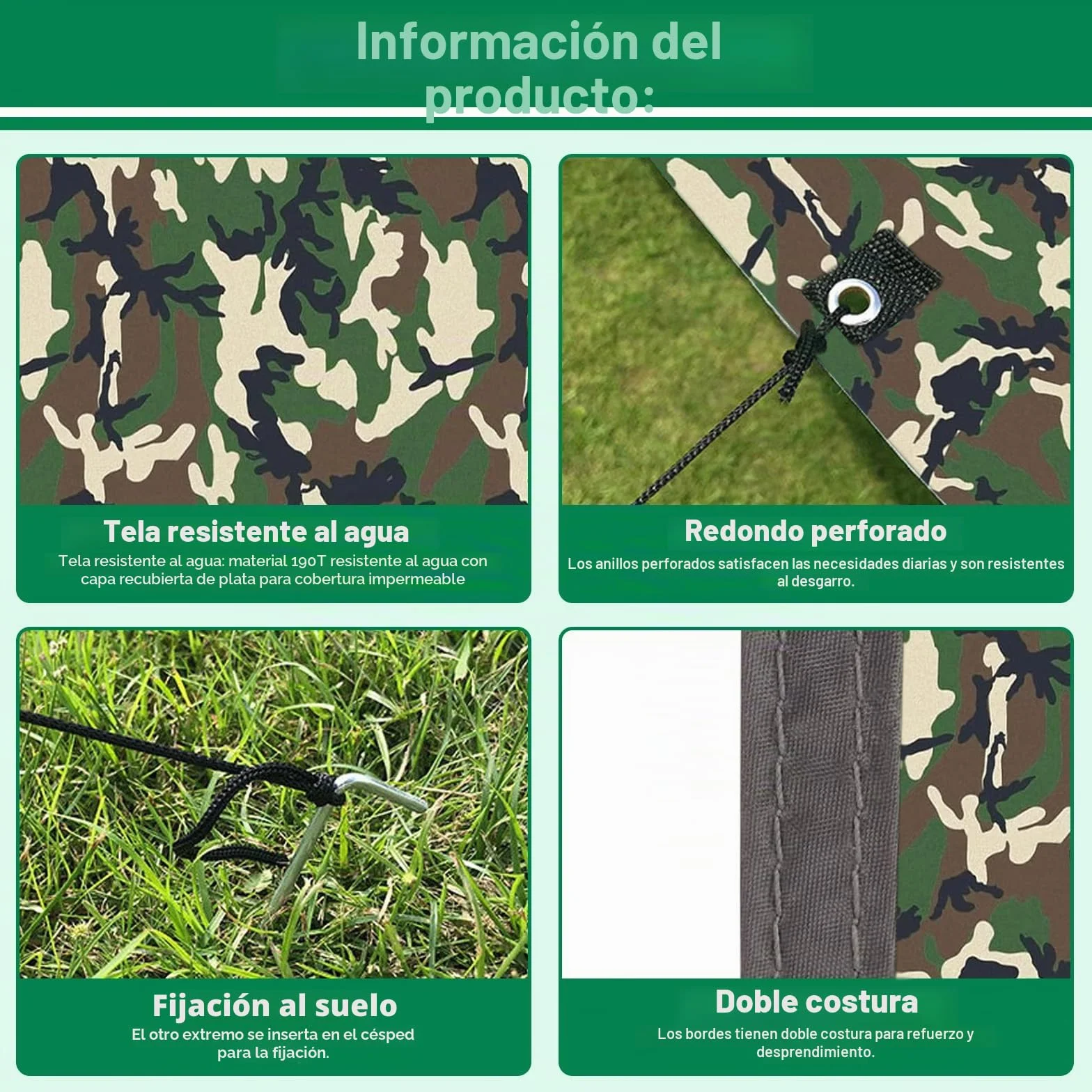 Toldo de Refugio Camping 3x3M, Toldo Camping Impermeable,Tienda de Campaña Tarp con 6 Cuerdas,6 Clavos de Tierra,2 Bolsa de Guarda,Lona Protectora Anti-UV para Vivac, Picnic, Playa, Hamaca
