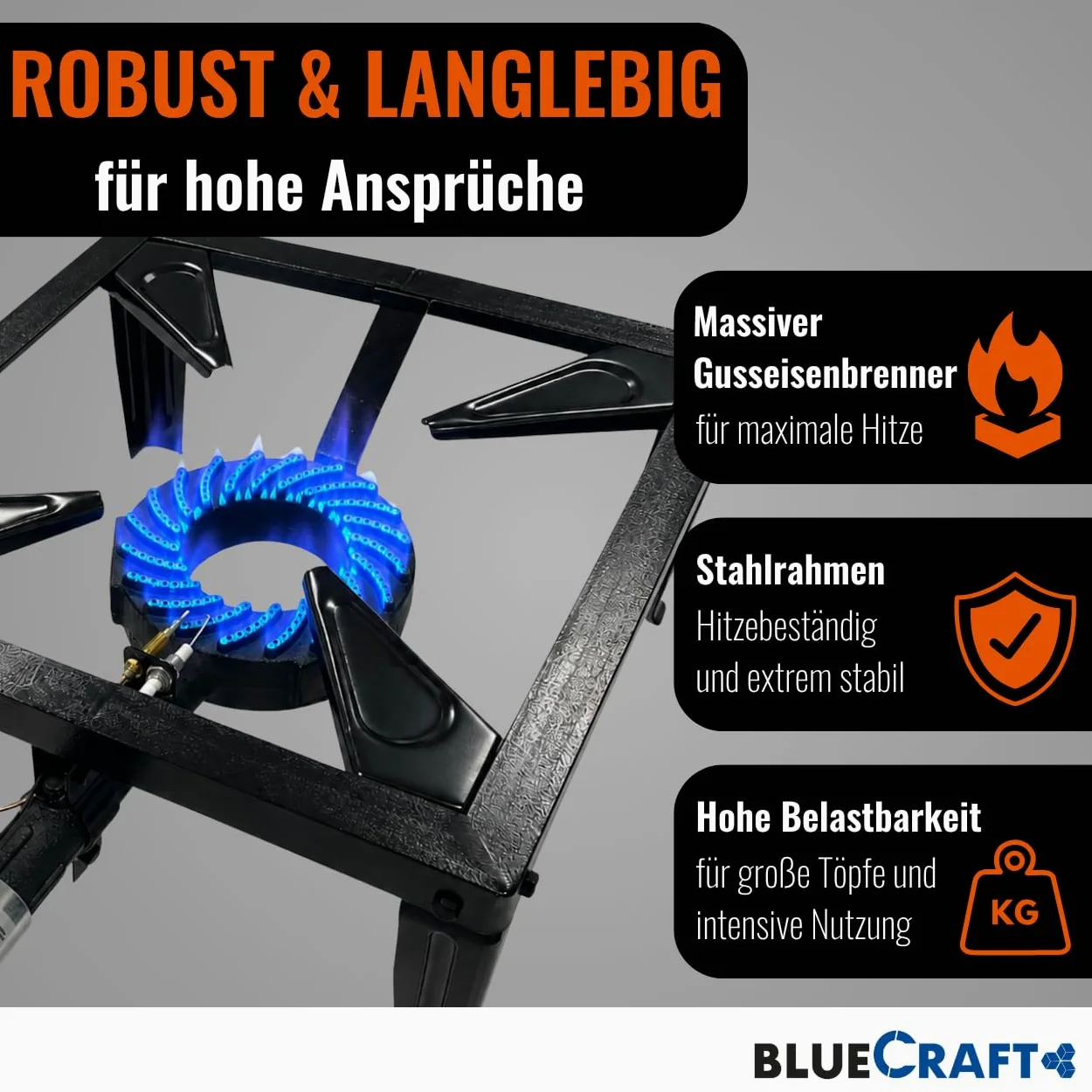 Bluecraft - Hornillo de gas de 10,5 kW para bombona de gas con seguro de encendido y encendido piezoeléctrico, incluye manguera de gas de 150 cm y regulador de gas de 50 mbar, cocina profesional para