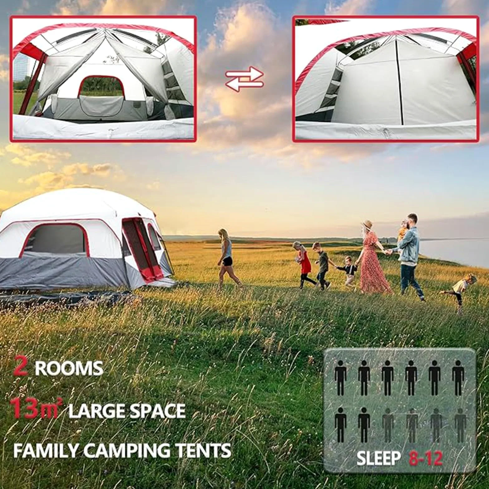 Tienda de campaña para 8-12 Personas con 2 dormitorios, Tienda Grande de Doble Capa para Exteriores, para Acampar en Familia, Tienda de campaña Impermeable