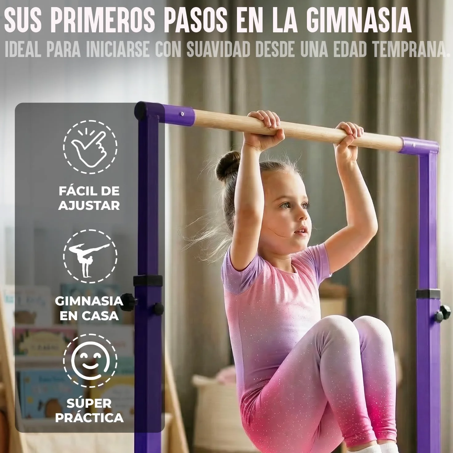 Gym Bar Barra Gimnasia Infantil Violeta Anillas Rosas 13 Niveles Ajustables 90-150 cm Acero Madera Haya Correas Antideslizantes Fitness