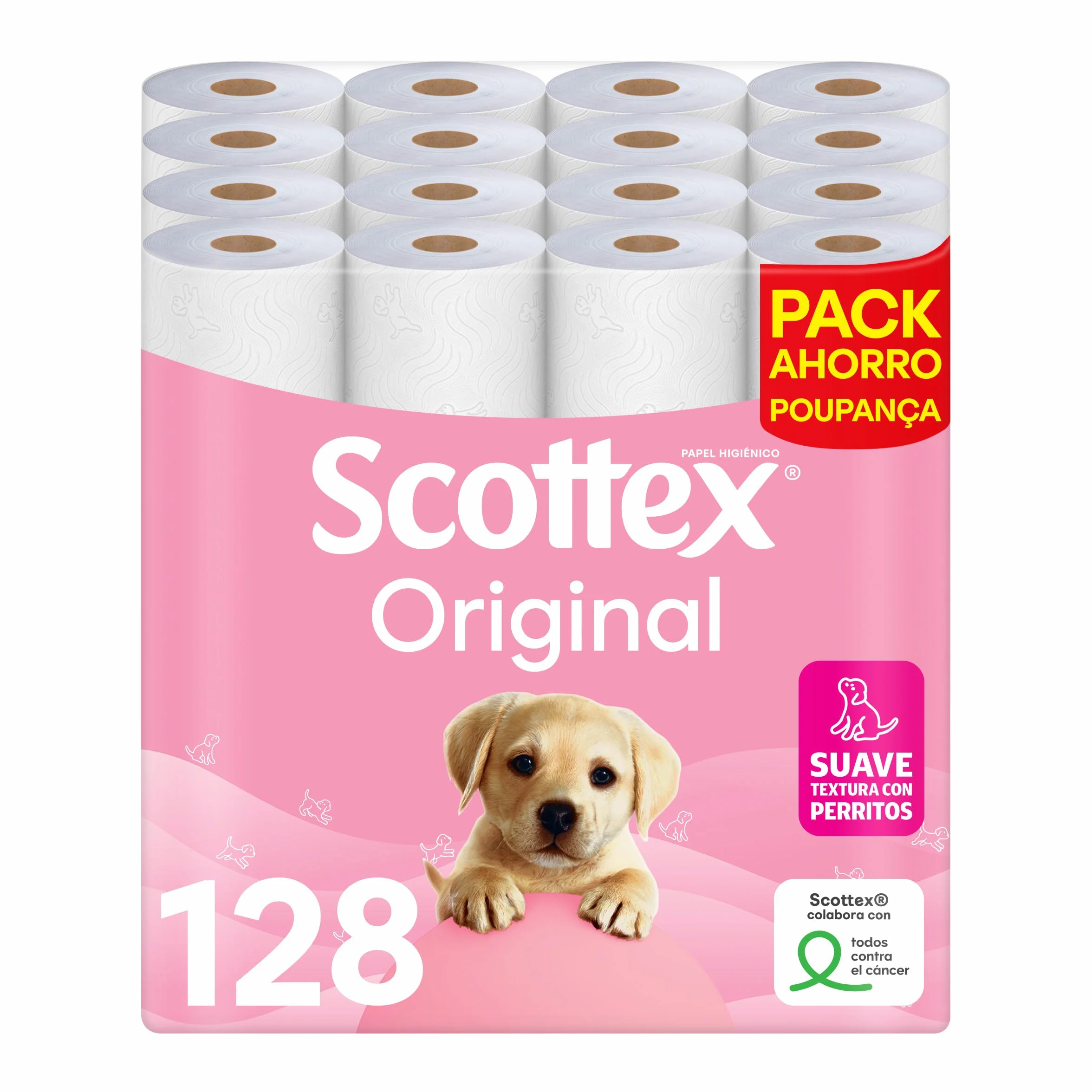 Scottex Original Papel higiénico 128 rollos 4 packs 32 rollos dos capas