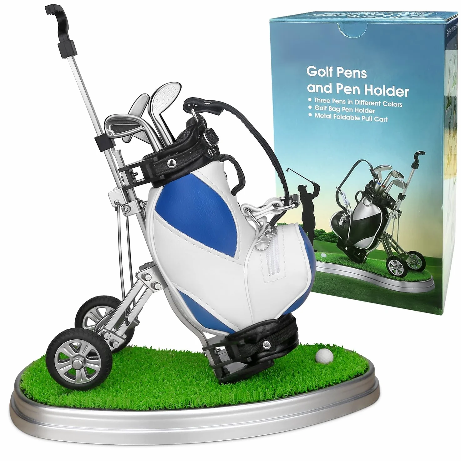 Soporte para bolígrafo de Golf con 3 bolígrafos, diseño único de Escritorio, Regalo para Hombres, Azul y Blanco