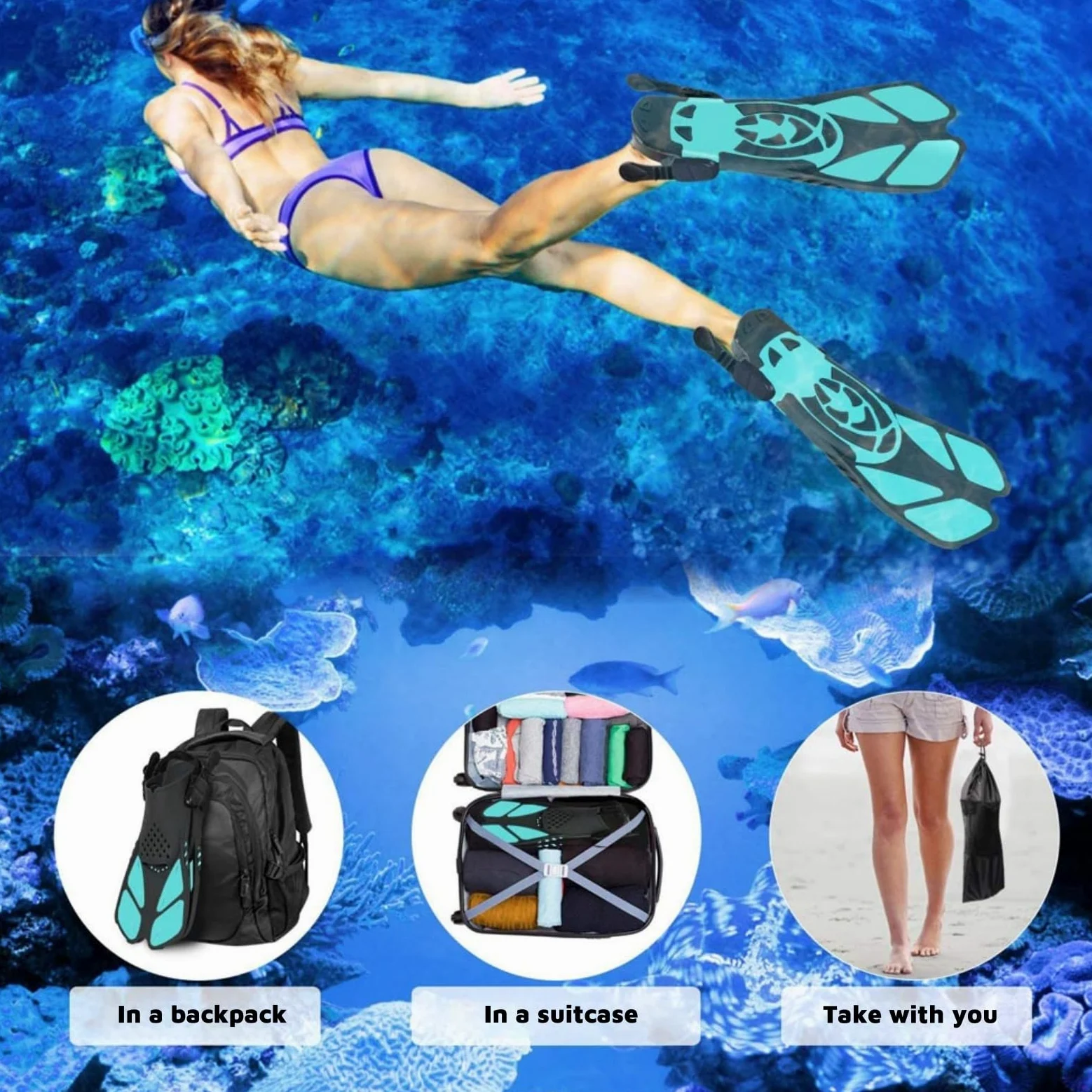 1 par de aletas de buceo, aletas de natación, tamaño de viaje corto ajustable para snorkeling, buceo, adultos, talón abierto, aletas de buceo