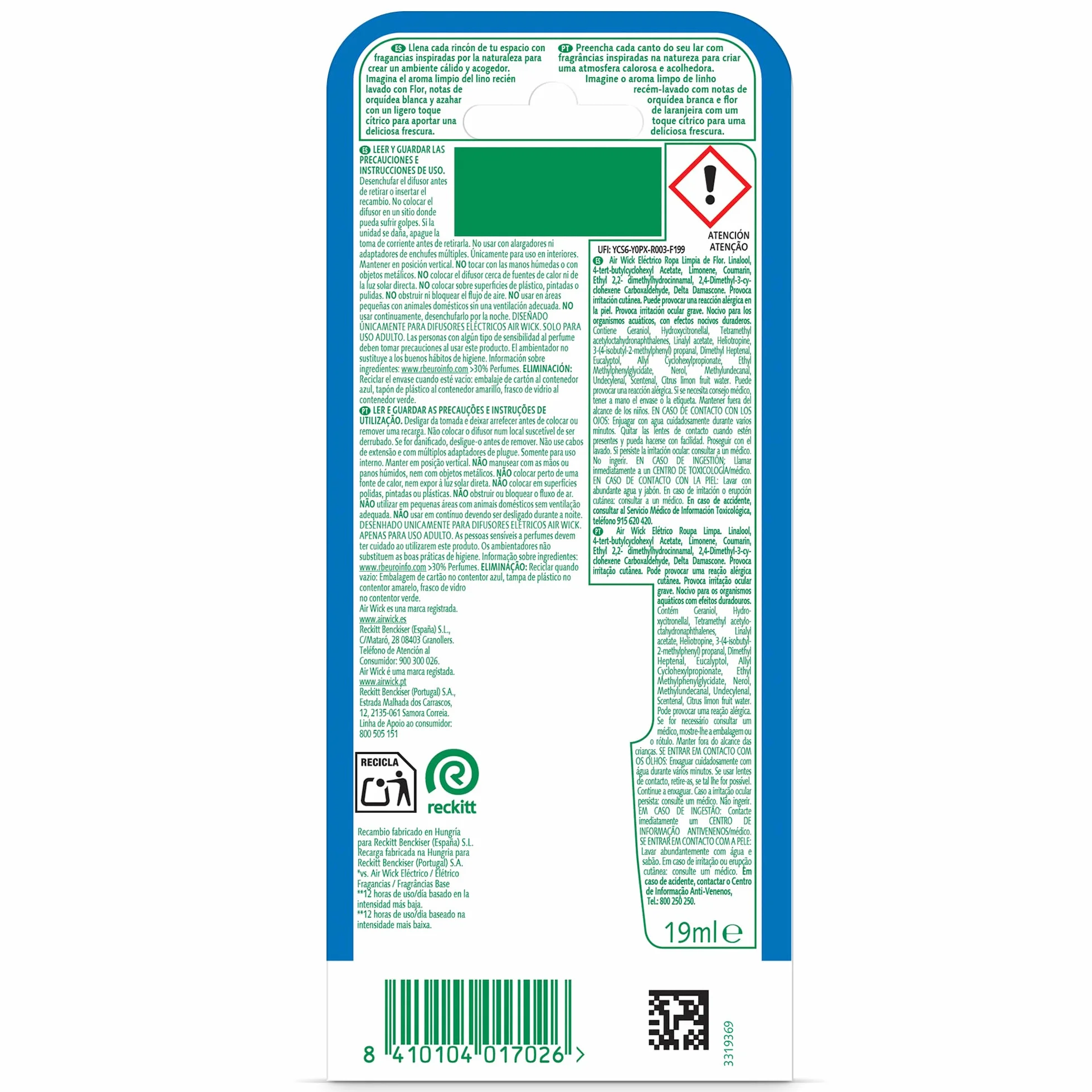 Air Wick Recambio Ambientador Automático Eléctrico Aroma Ropa Limpia Flor 19ml