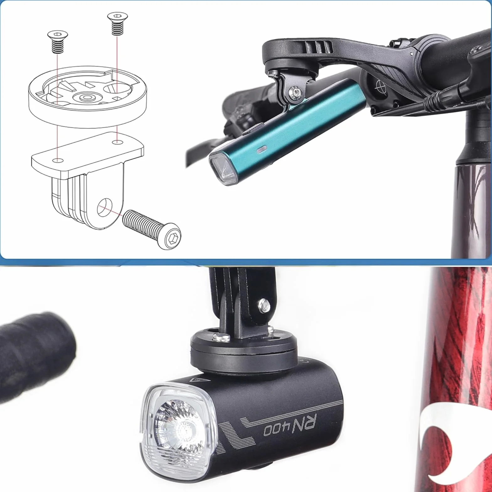 Soporte de Bicicleta para Garmin & Gopro, 2 Juegos Universal Combo Adaptador, Compatible con Computadora de Bicicleta Garmin Edge, Espaciado 20-22mm, Base Fija para Luz y Cámara, Color Negro