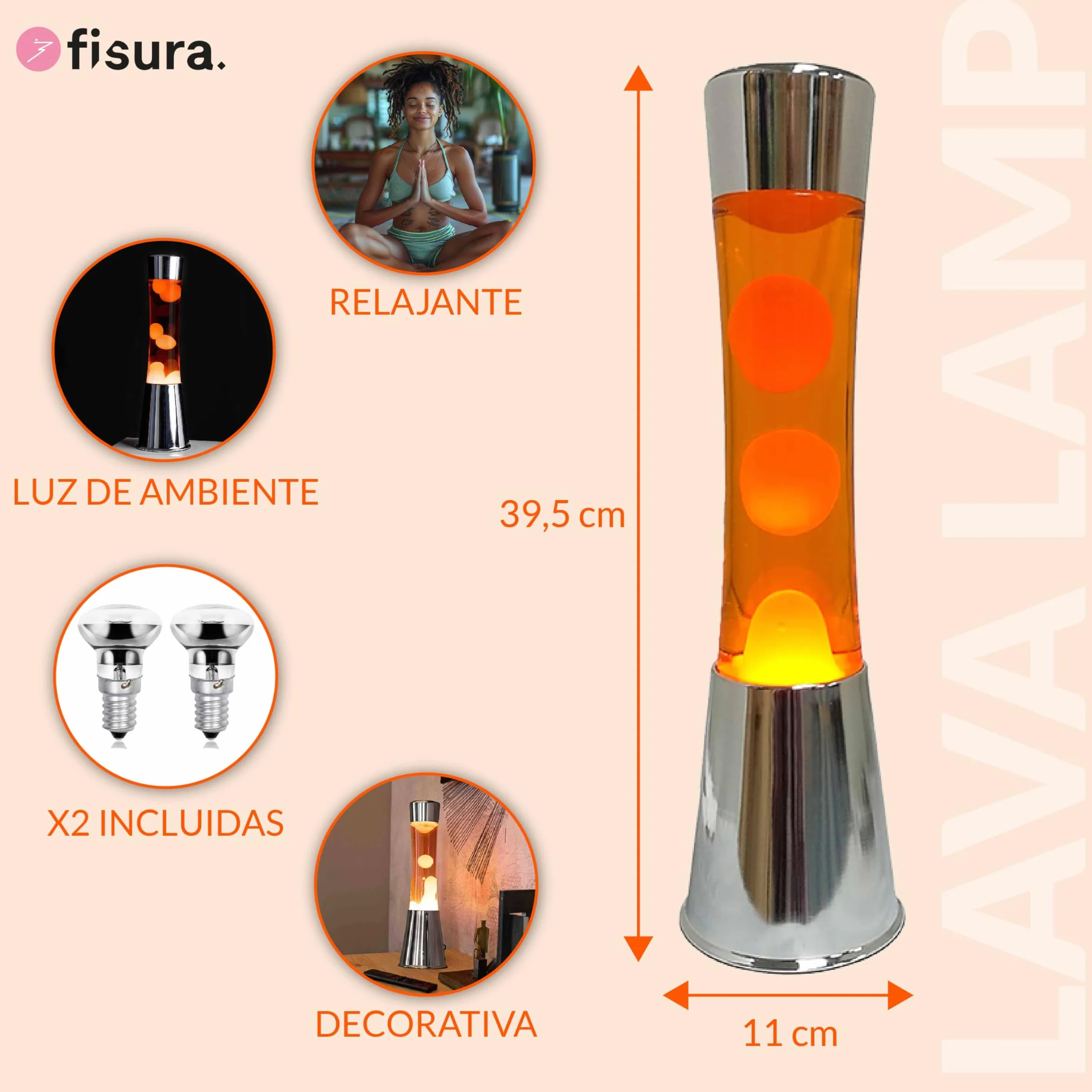 Fisura Lámpara de lava naranja base plateada cromada 11x11x39,5 cm con bombilla de repuesto