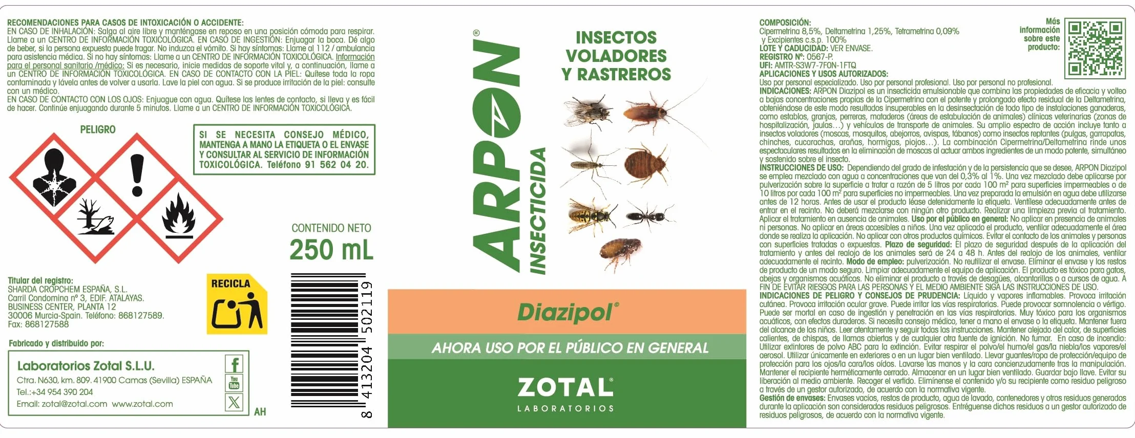 Zotal Insecticida Insectos Voladores y Rastreros 250 ml Efecto Residual