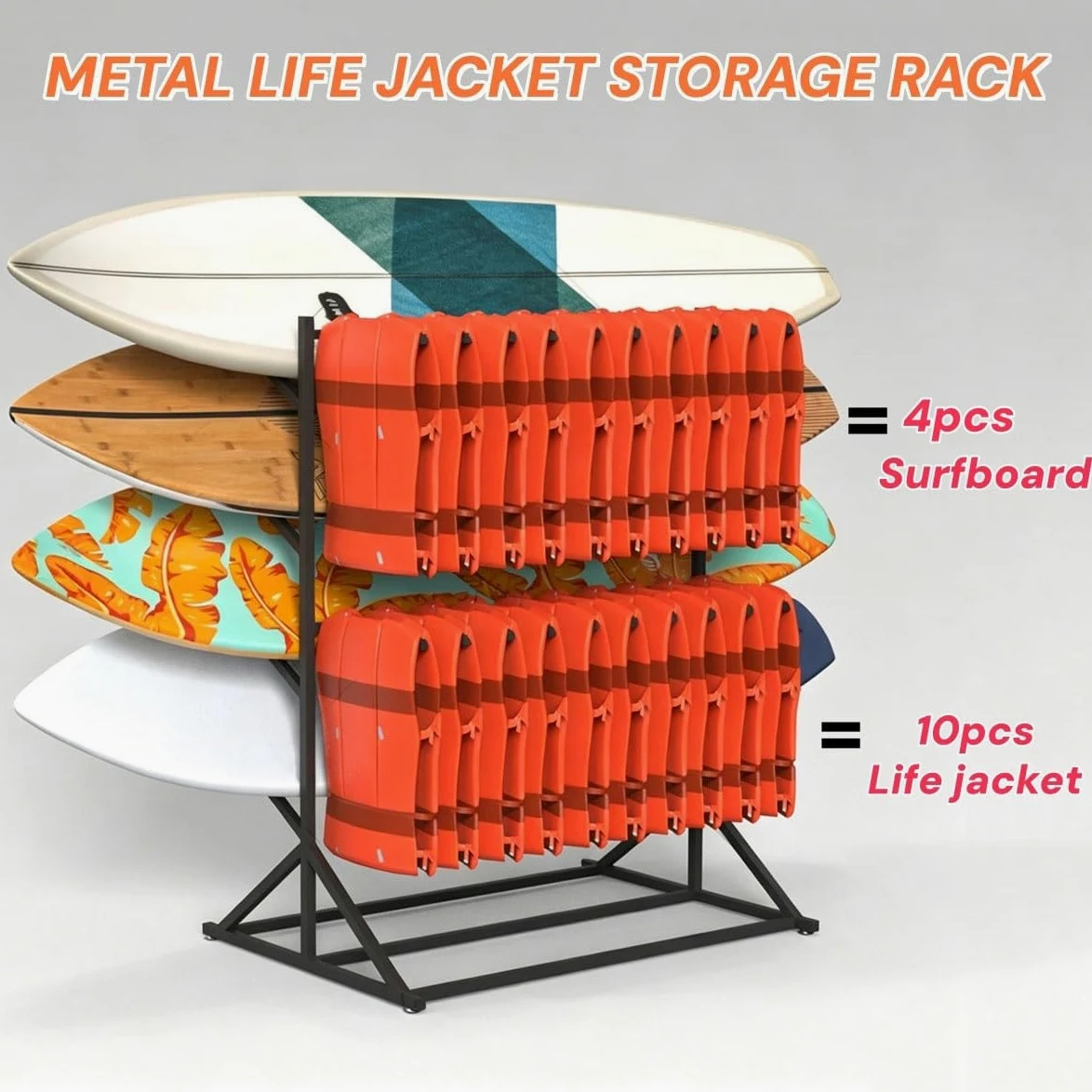 Soporte Comercial para Tablas de Surf y Chalecos Salvavidas, Organizador de Equipo; Estructura metálica Resistente para Exteriores con Capacidad para 4 Tablas y 10 Chalecos Salvavidas.
