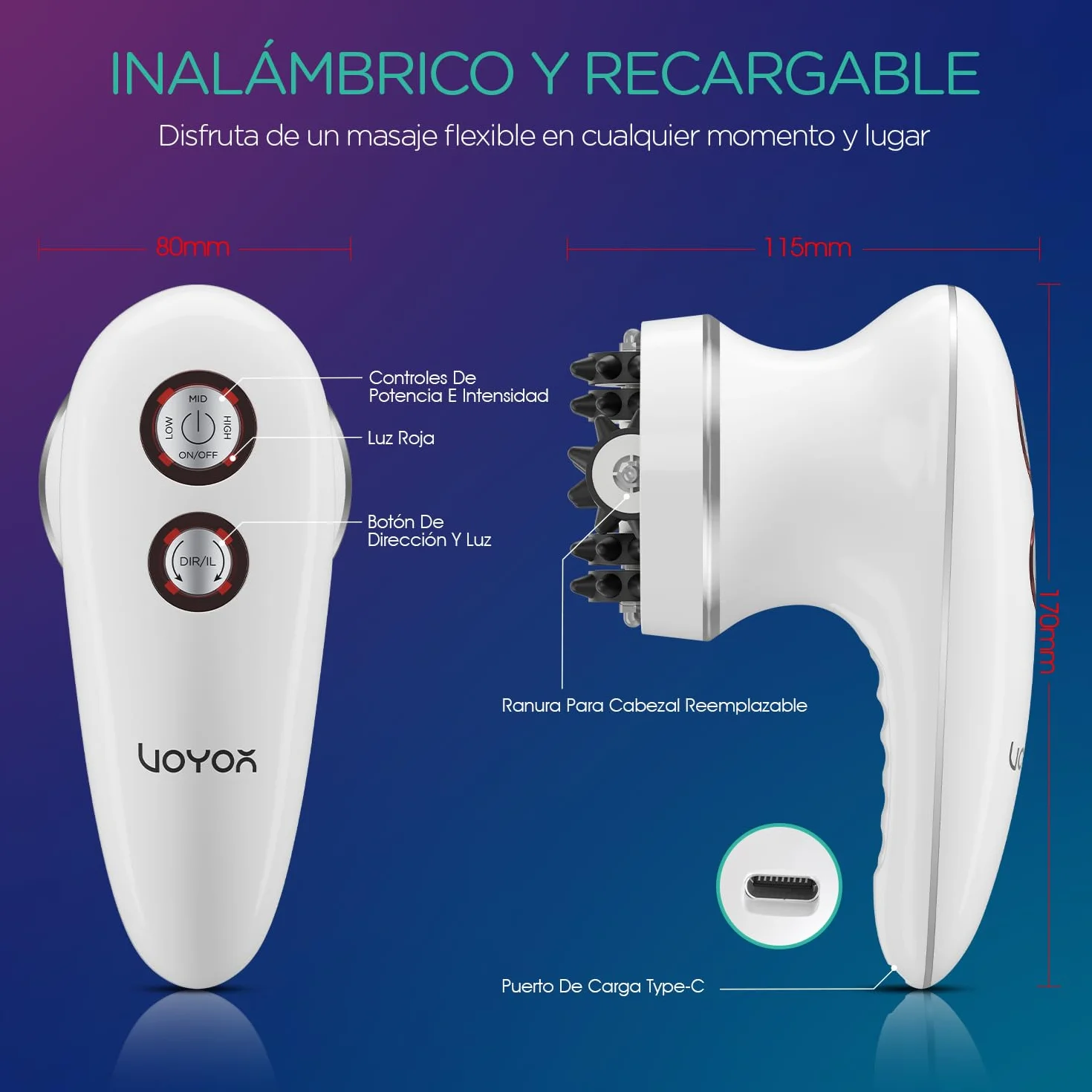 VOYOR Masajeador Anticelulítico Eléctrico IPX7 Impermeable Recargable 3 Cabezas