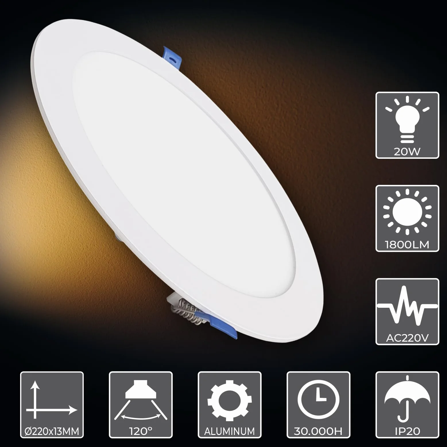 LED ATOMANT Downlight Panel Extraplano Redondo 220mm 20W 1800lm 6500K Luz Fría Corte 200mm Driver Incluido