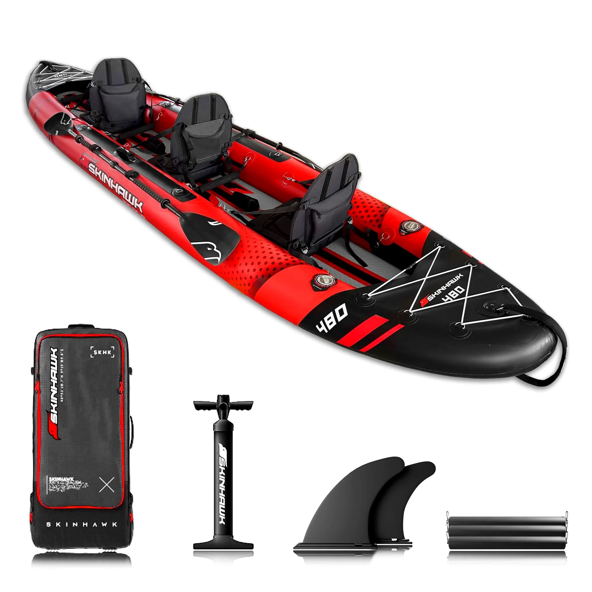 SKINHAWK Exclusivo juego de kayak rojo 480 – bote inflable – canoa – 480 x 96 cm – kayak para 3 personas
