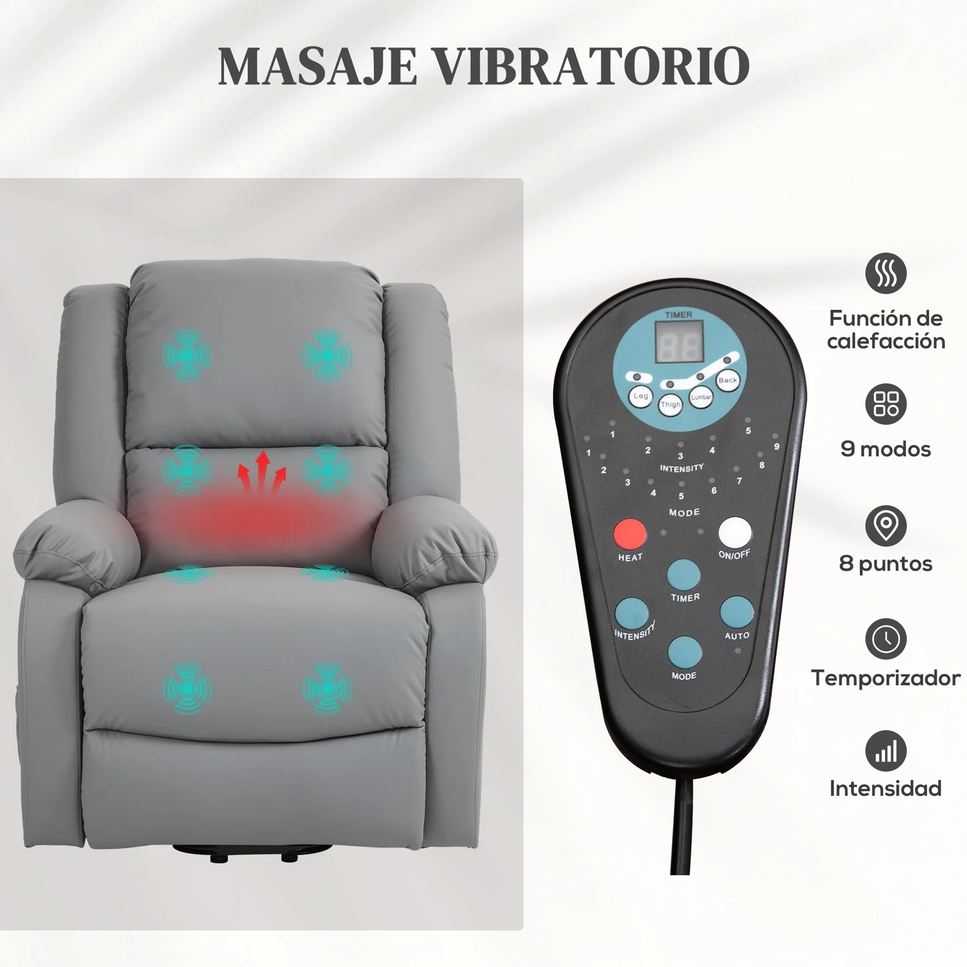 HOMCOM Sillón Relax Reclinable Eléctrico Levanta Personas con 8 Punto de Masaje Calor Lumbar Gris