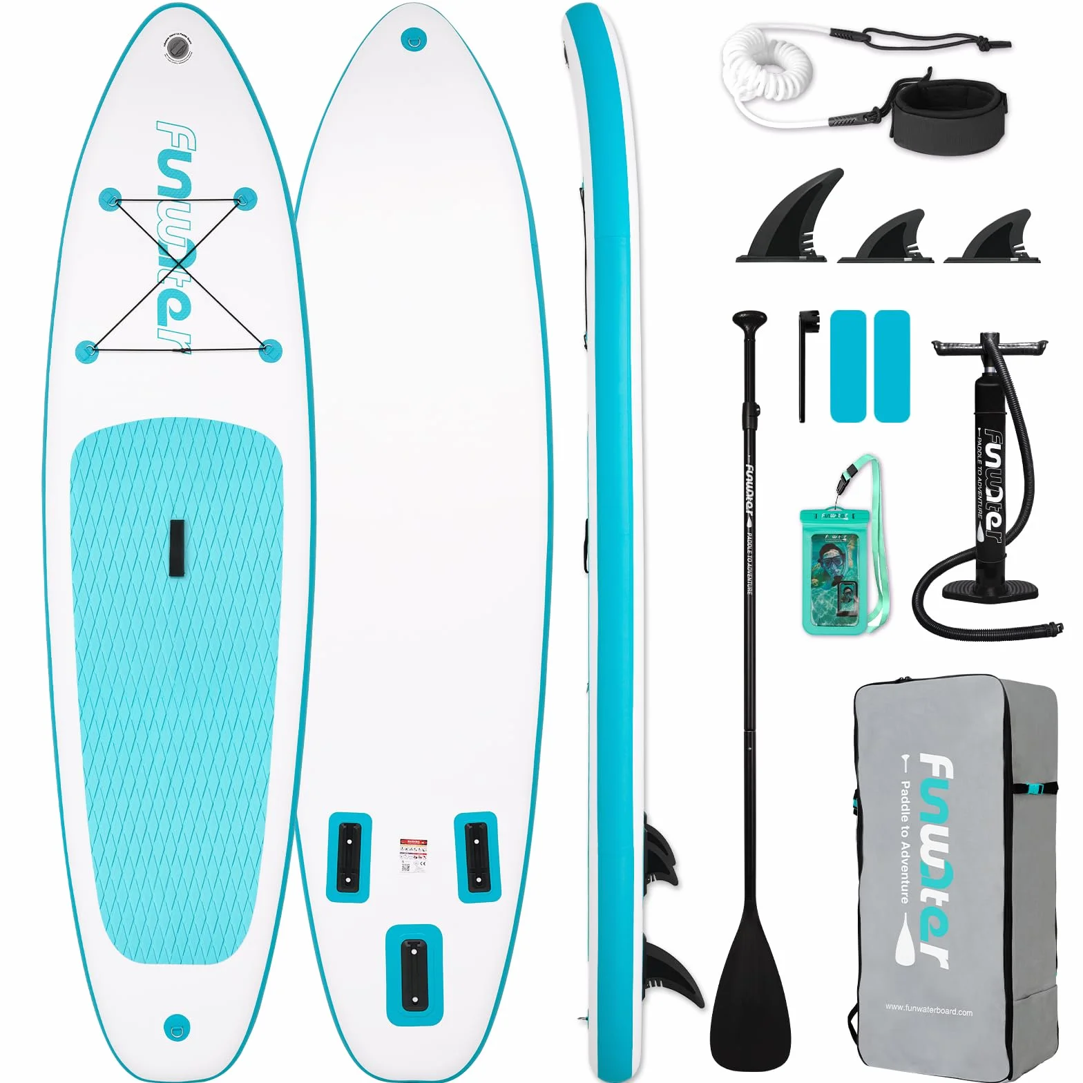 FunWater Tabla de remo inflable para adultos con pala, mochila, 3 aletas, bomba y correa adecuada para principiantes.