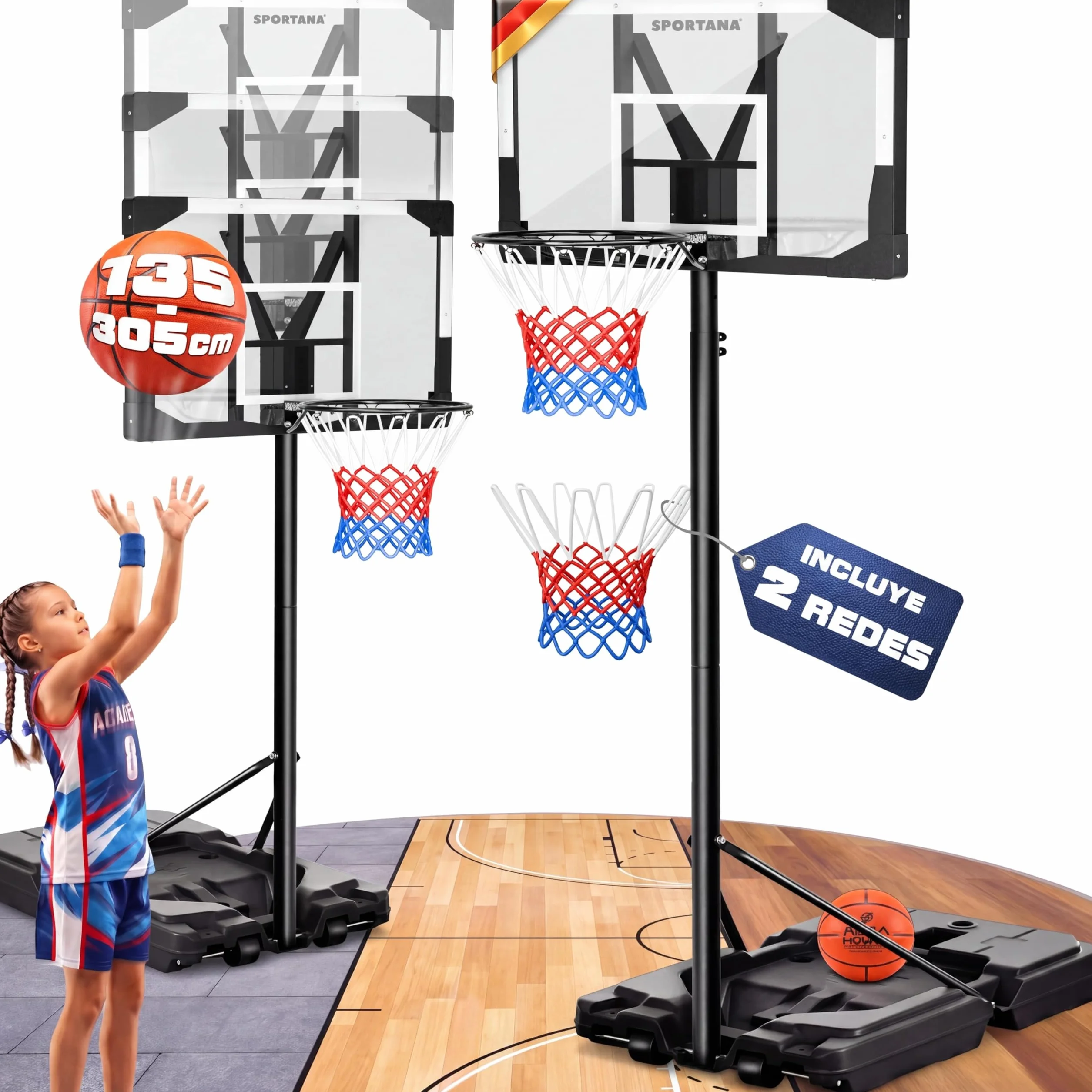 Canasta Baloncesto Exterior Altura Regulable 135-305 cm Soporte Portátil Base Rellenable 60 kg Aro Amortiguador Ø45 cm