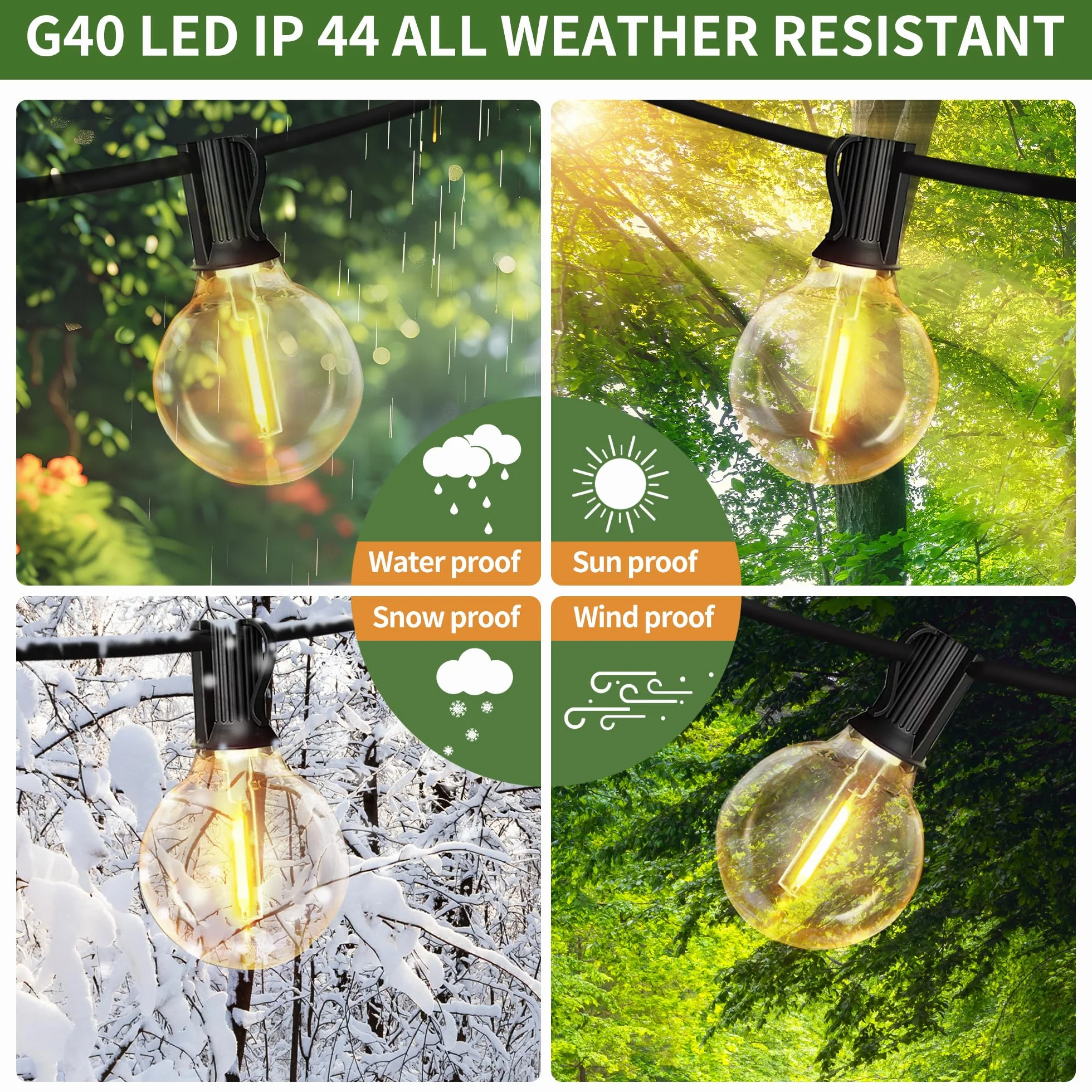 Guirnalda Luces Exterior 15M G40 LED IP44 2700K Blanco Cálido Impermeable Enchufable para Jardín Patio Fiesta