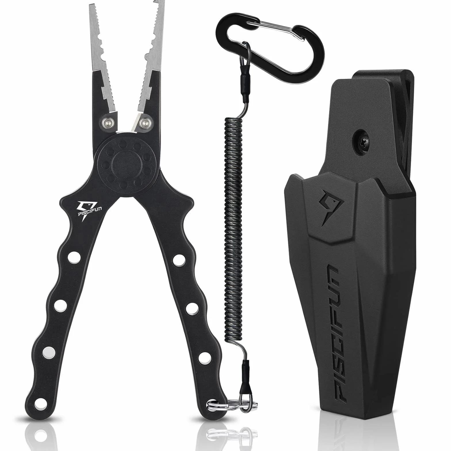Piscifun Alicates de pesca, cortador de trenzas, aluminio, funda de goma, color negro | Cuchillas de carburo de tungsteno, removedor de ganchos, funda y cordón, resistente a la corrosión, listo para agua salada