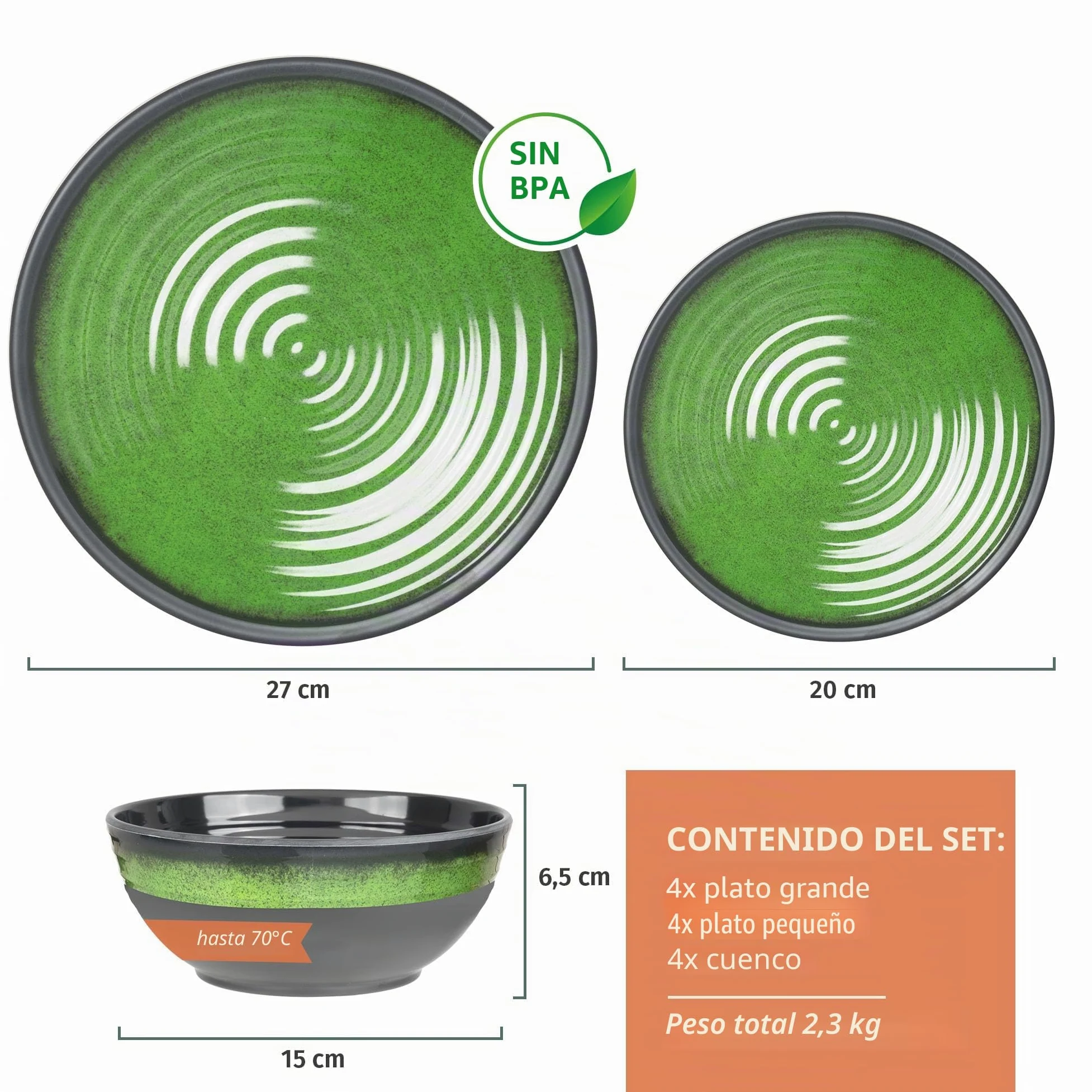 Moritz Vajilla de melamina para camping para 4 personas, 12 piezas, apta para lavavajillas, vajilla de pícnic, vajilla de camping, diseño de piedra verde