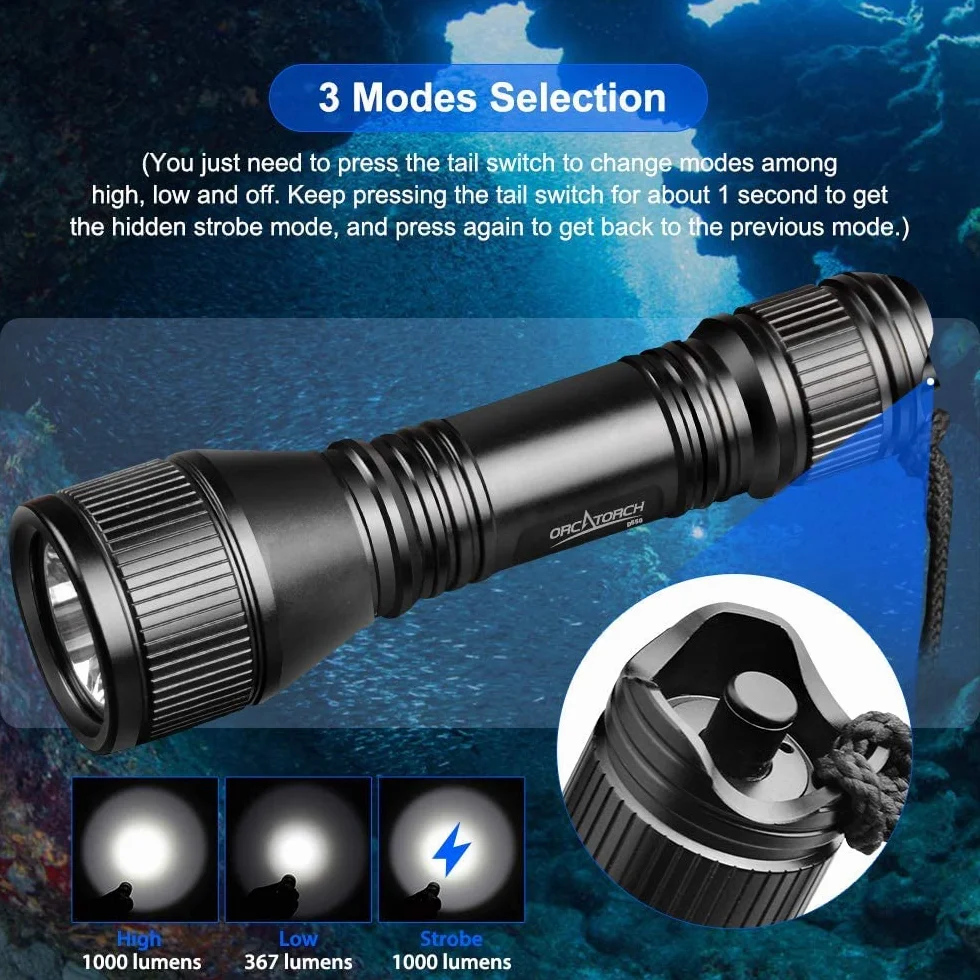 ORCATORCH D550 Linterna de Buceo, 1000 Lúmenes Super Brillante Bajo El Agua LED Linterna De Buceo Con 3 Modos, IP68 Impermeable Night Dive Antorcha 150 Metros Luz Sumergible