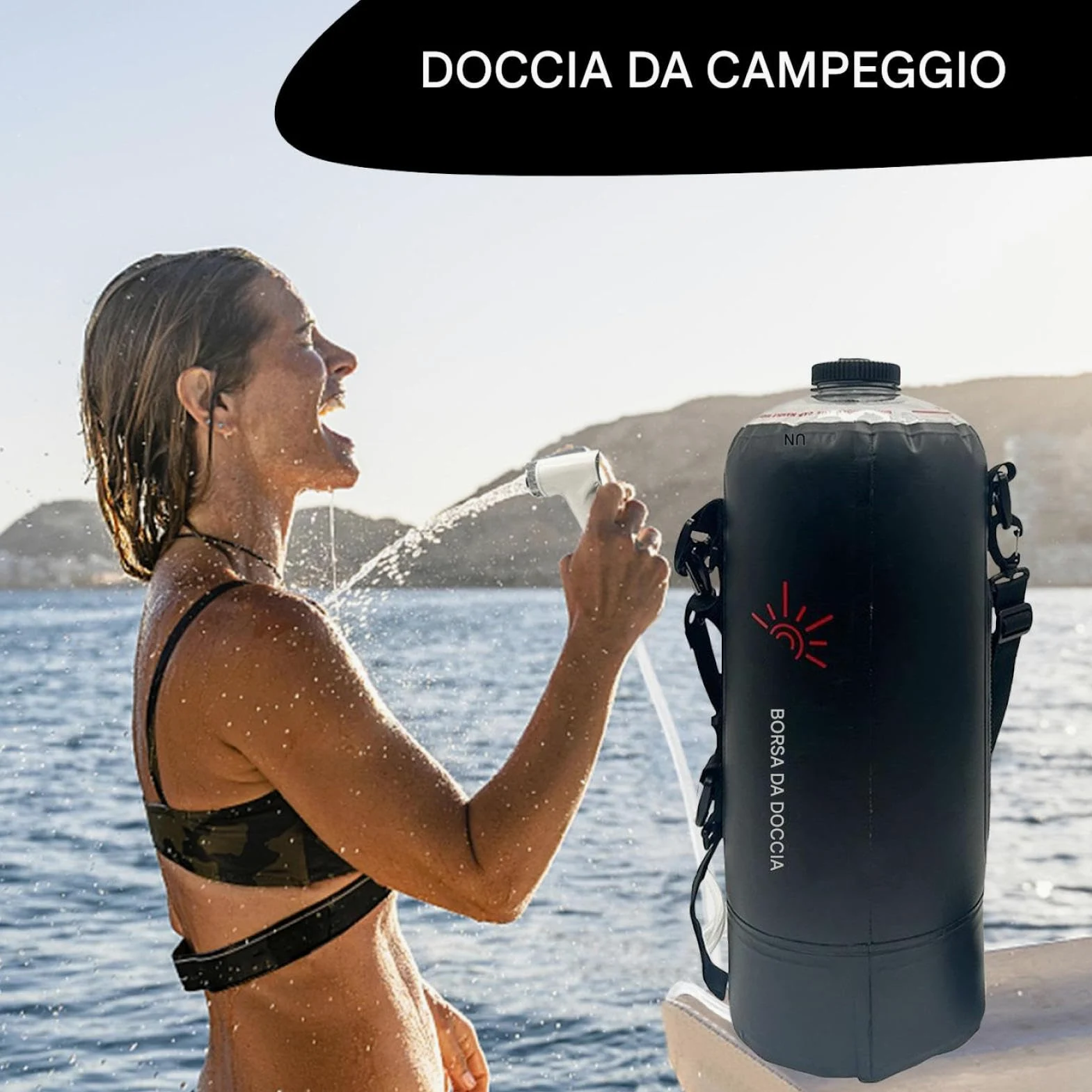 Bolsa Ducha Camping Calentamiento Solar Manguera Desmontable | Duchas Solares Portátiles Para Acampar Cabezal Intercambiable para Senderismo, Natación, Aire Libre y Overlanding