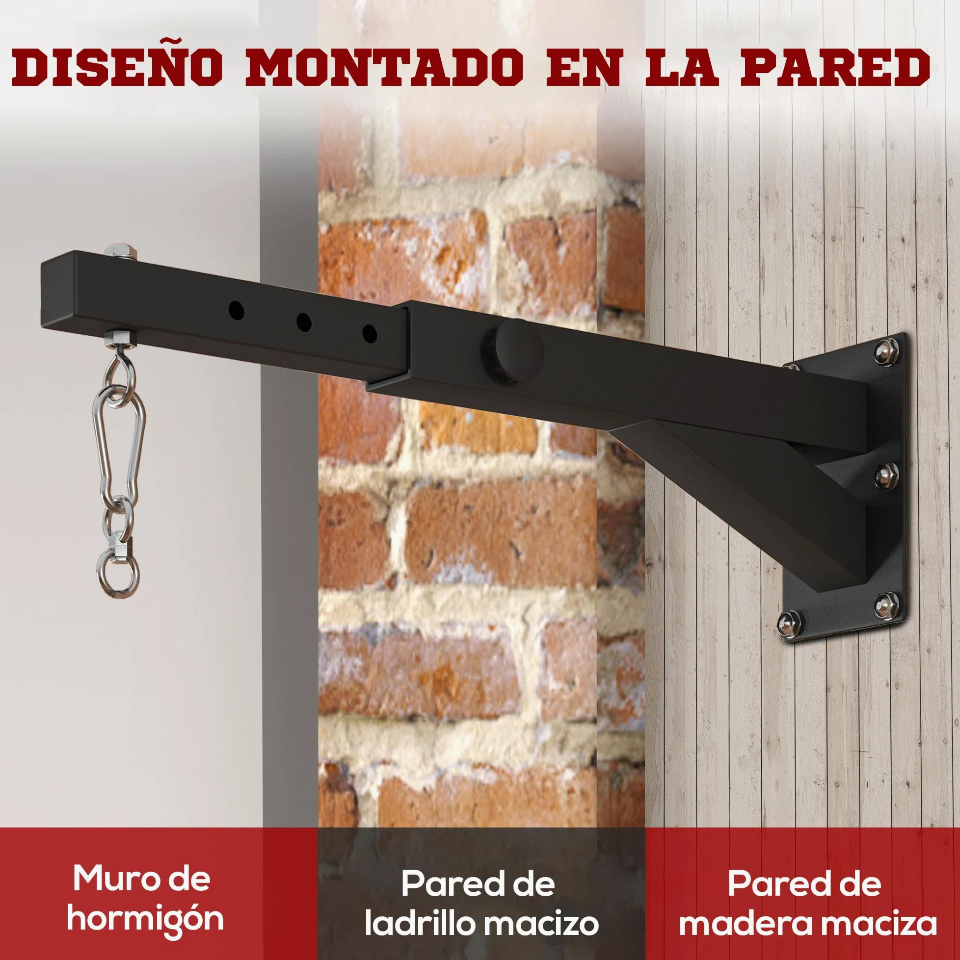 SPORTNOW Soporte Saco Boxeo de Pared, Distancia Ajustable 45-65 cm, Gancho Giratorio 360°, Cadenas, Carga 60 kg, Negro