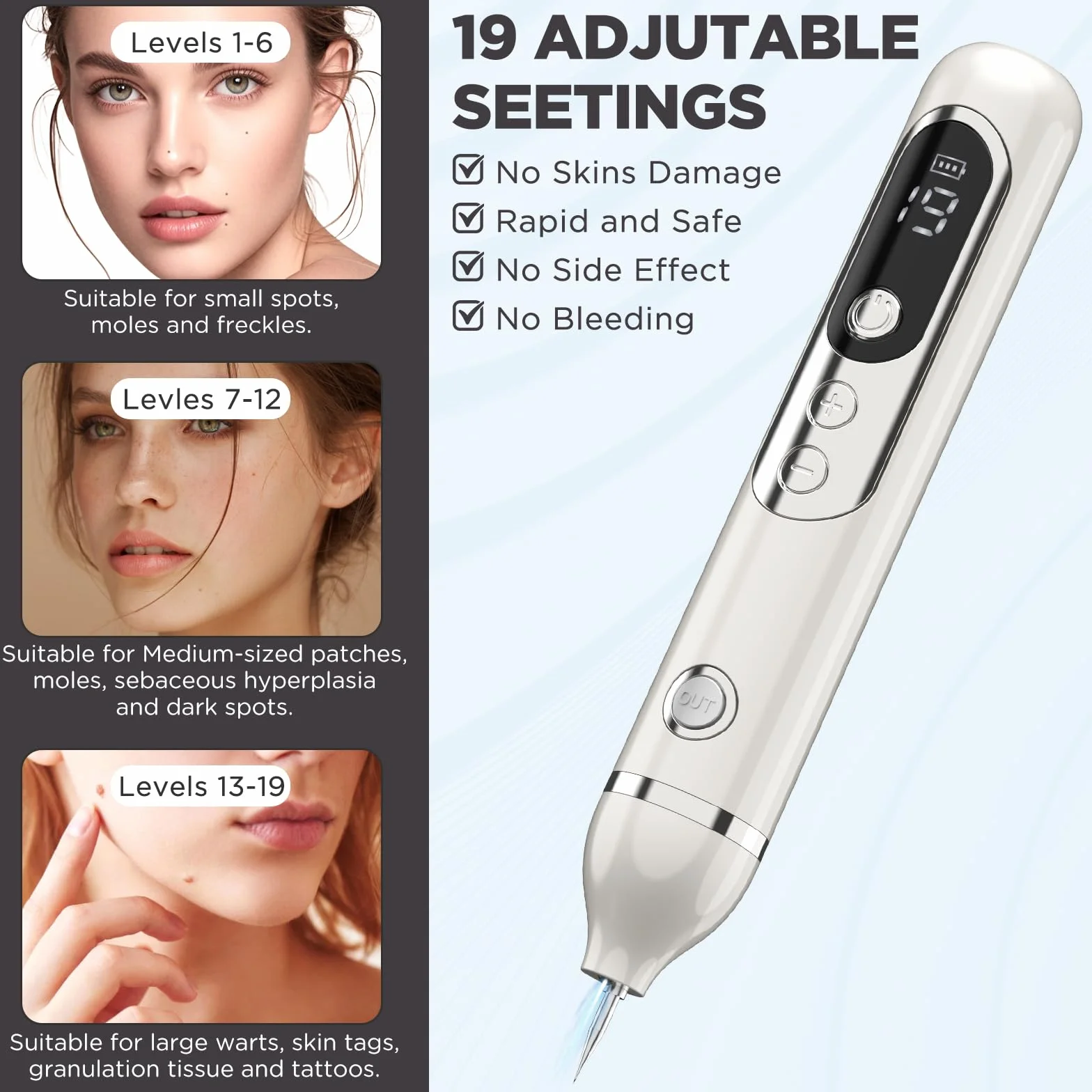Lápiz Eliminar Verrugas Plasma 19 Niveles Intensidad Luz LCD Aguja Reemplazable Rostro Cuerpo