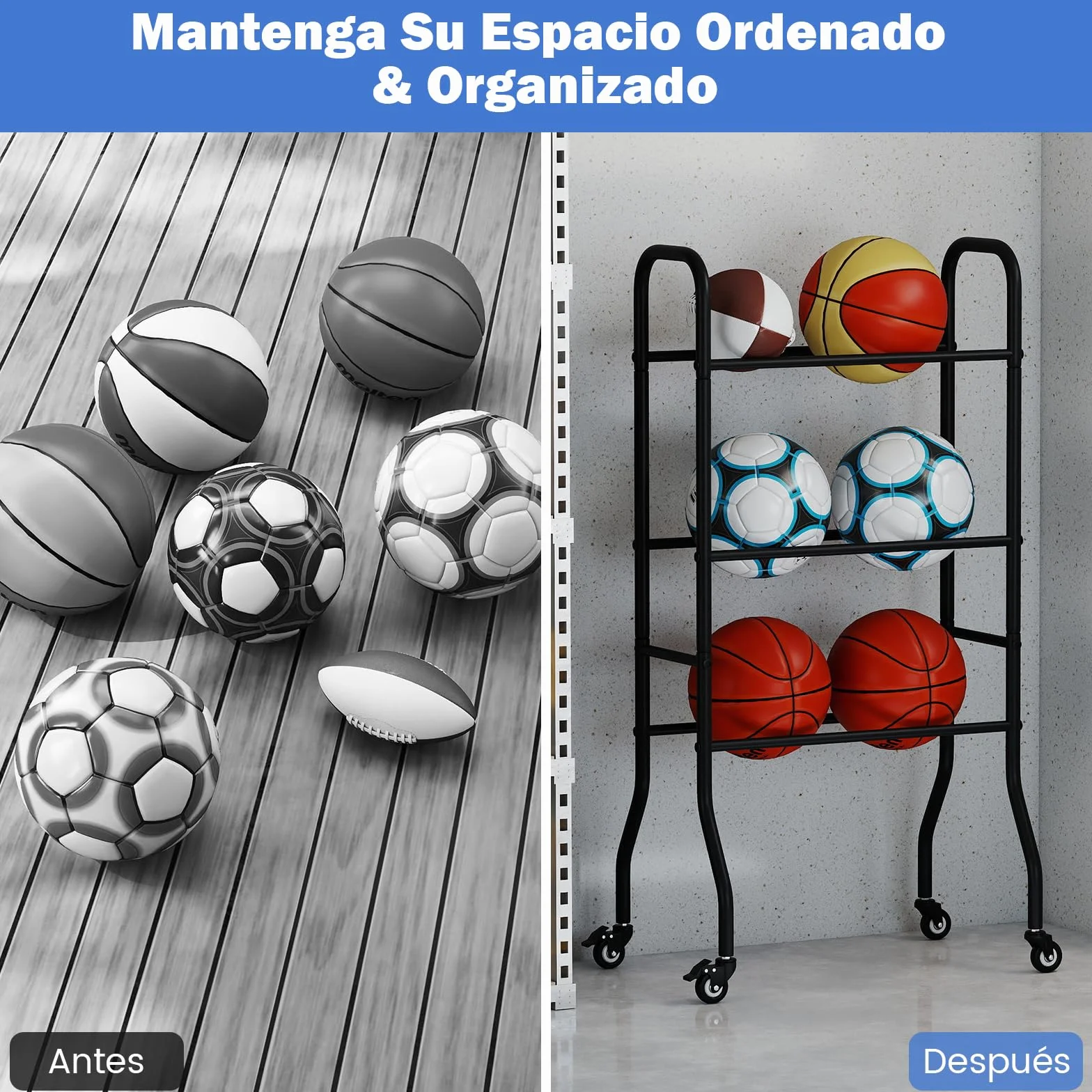 Estantería de Baloncesto 3 Niveles, Carro con 4 Ruedas Universales, Estructura Metálica, Organizador Deportivo para Fútbol y Voleibol