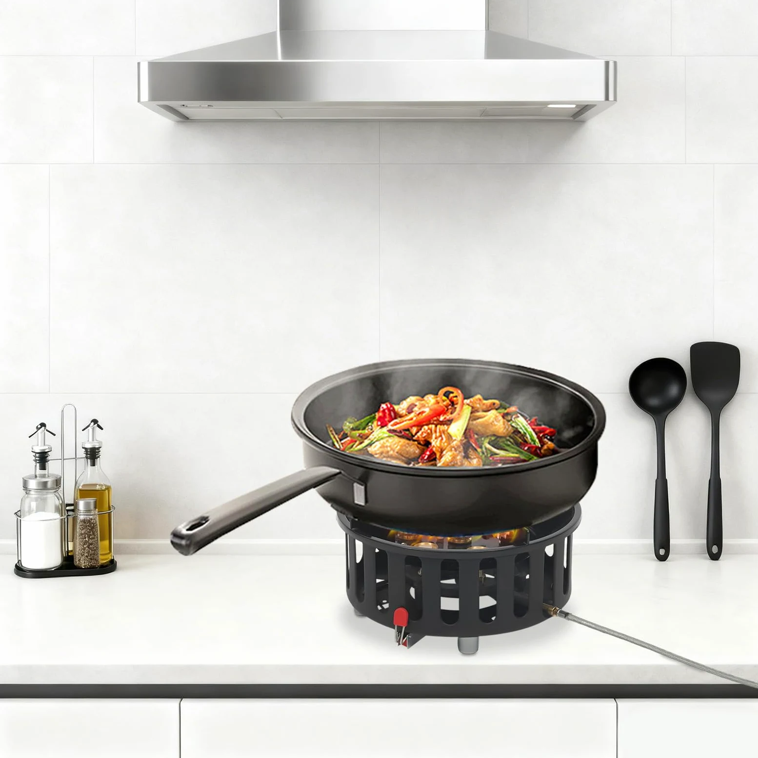 Hornillo de camping, estufa de gas portátil, 21000 W, camping Stove portátil, acero aluminio cobre, 7 quemadores antiviento, encendido electrónico,2 adaptadores,camping senderismo picnic