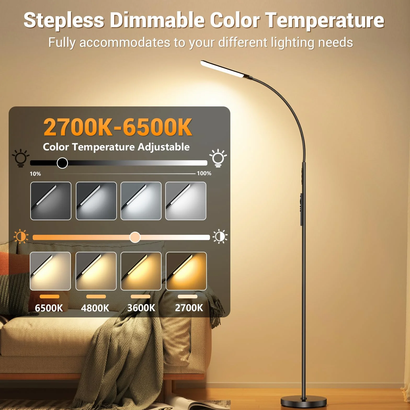 Lámpara de Pie LED Regulable 18W 1200LM Negro con Mando y Control Táctil