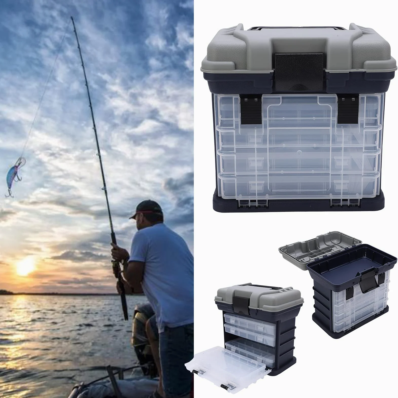 Generic Caja de Aparejos de Pesca Grande, 4 Capas, Tamaño Ajustable, Utilidad Resistente para Equipos y Accesorios de Pesca de Carpa