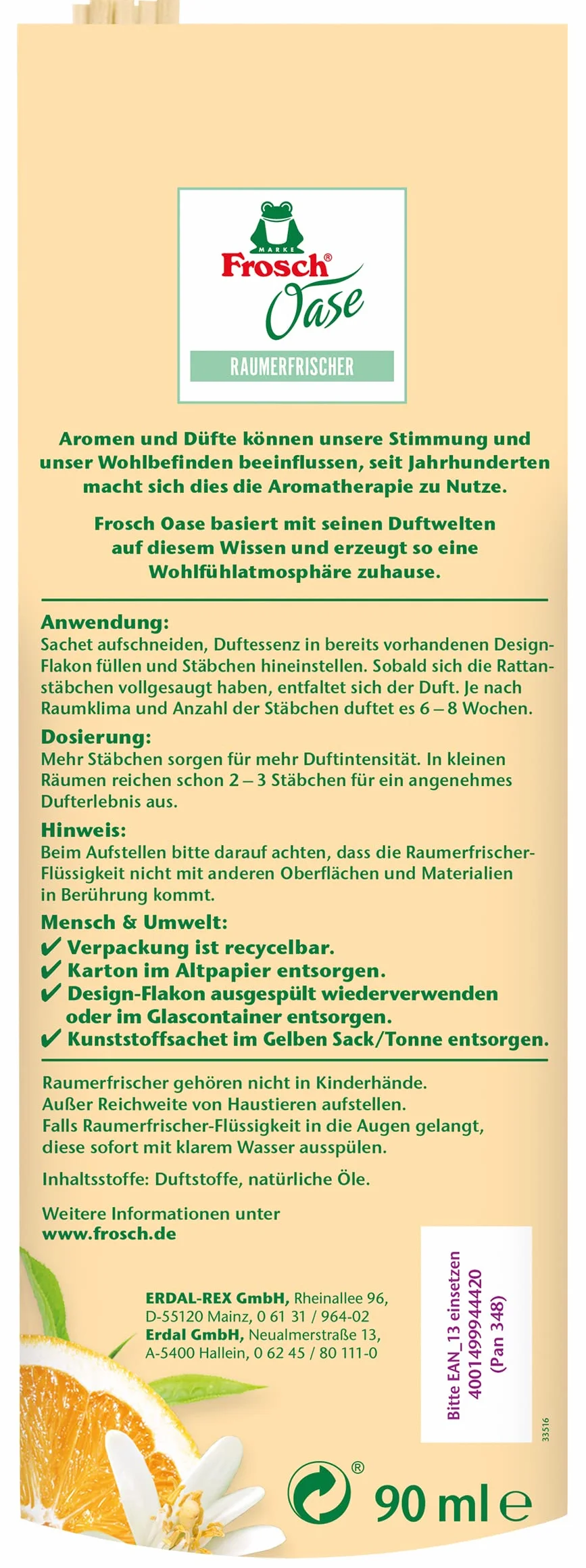 Frosch Oase Ambientador de azahar, aroma de habitación, 90 ml