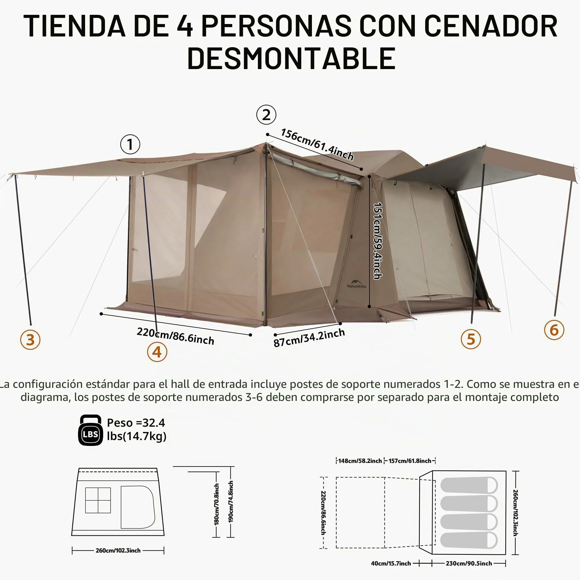 Naturehike Village 6.0 ㎡ Tienda de campaña familiar Pop Up Tienda de campaña para 4 personas, gran túnel con columna de agua de 2000 mm