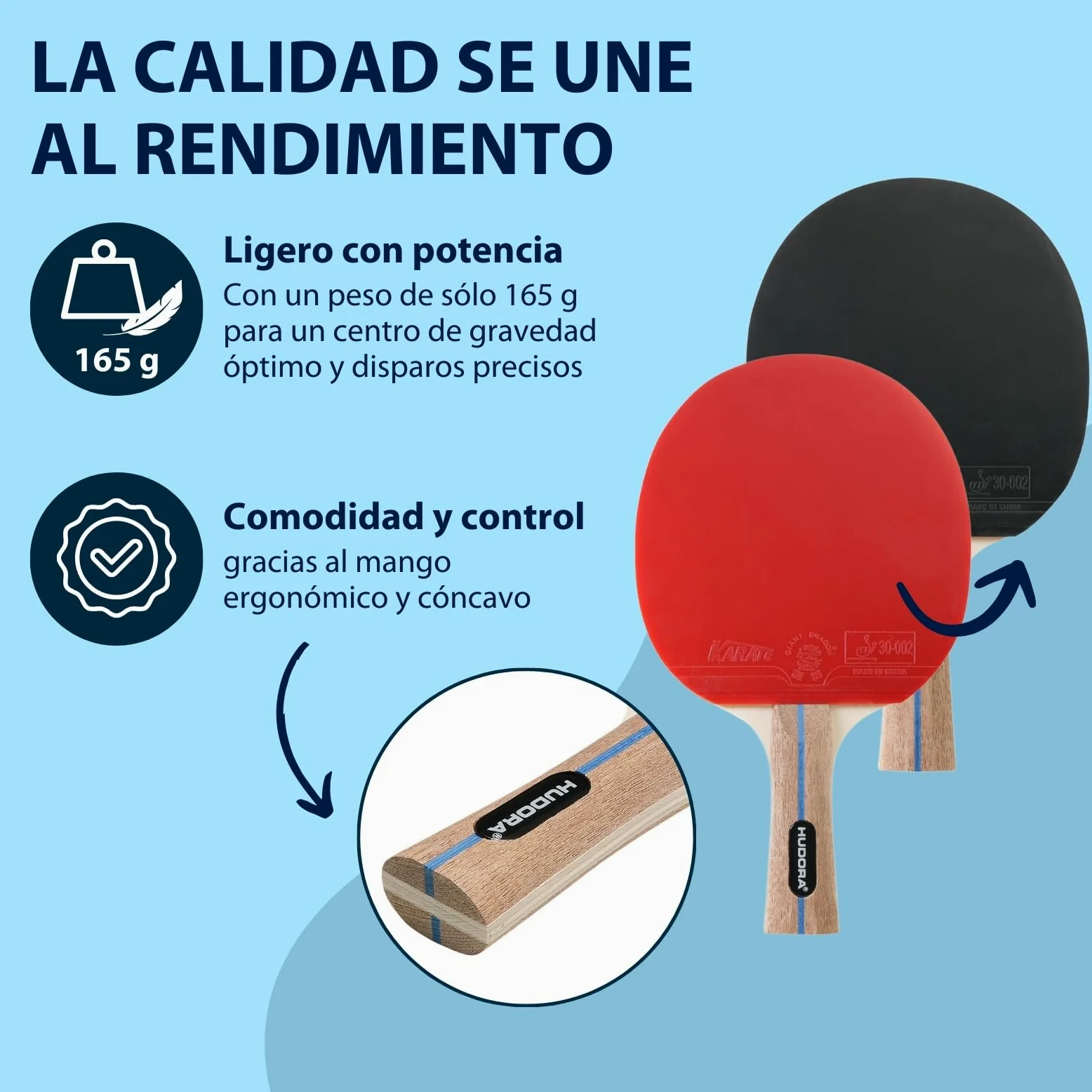 HUDORA Raqueta de Tenis de Mesa Game - Pala de Ping Pong Superficie de Torneo ITTF Karate - Pala de Pimpón para Principiantes y Profesionales - Raqueta de Tenis de Mesa de Madera