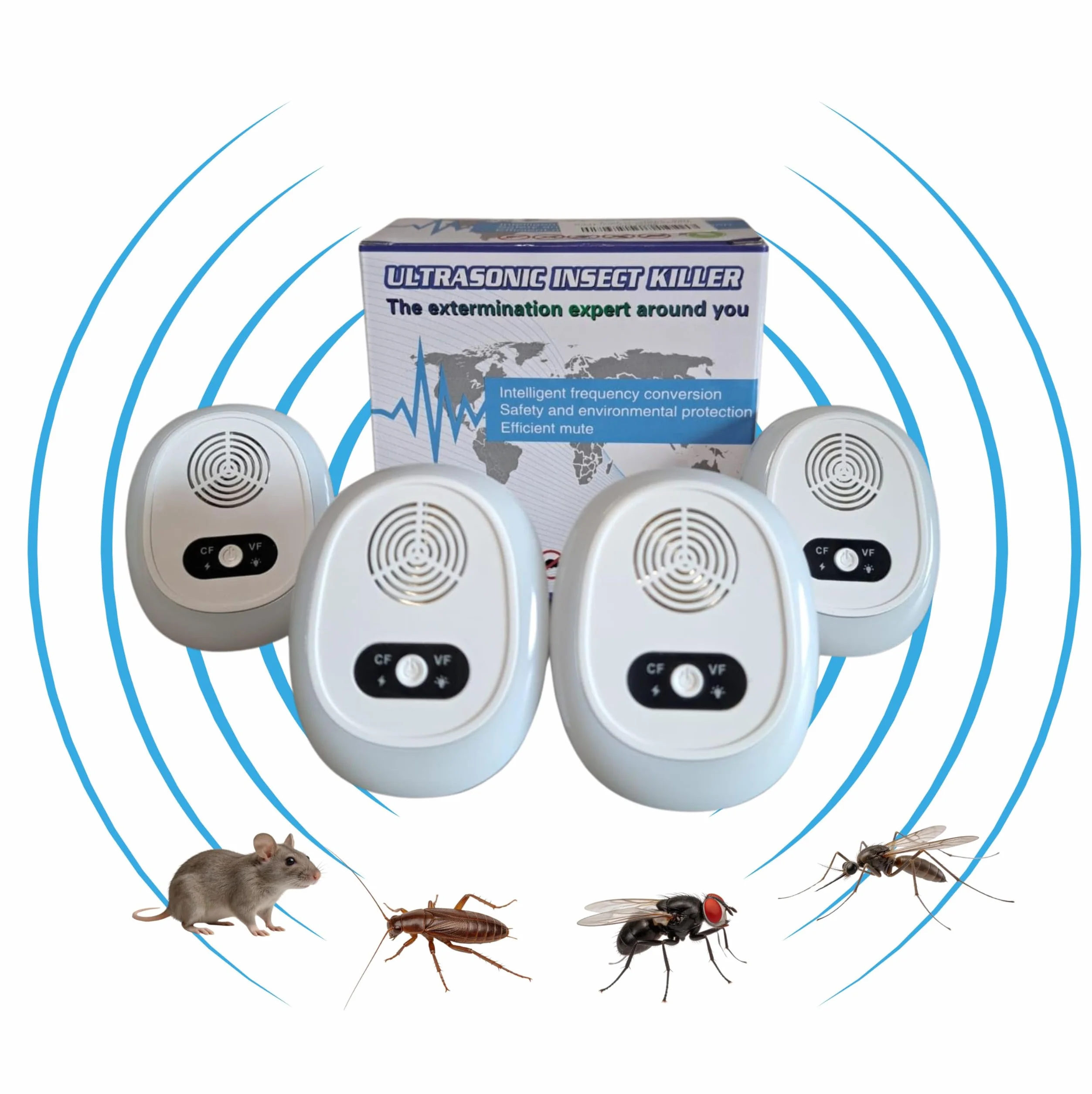 Repelente Ultrasónico de Plagas 4-Pack, Ahuyentador Eléctrico para Ratas, Cucarachas, Mosquitos, Enchufe Tipo C EU