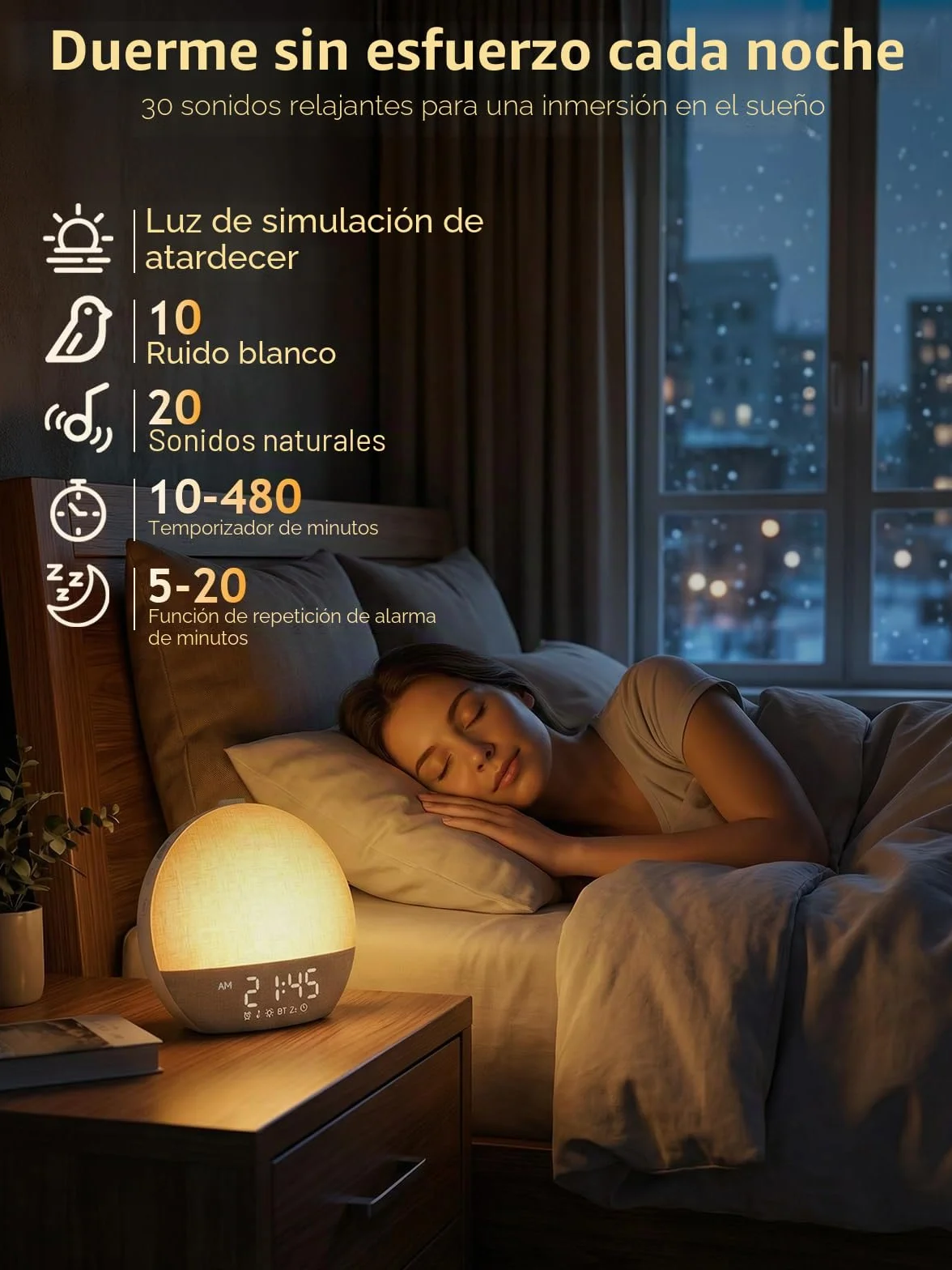 Despertador de Simulación de Amanecer con Luz Natural, 17 Tipos de Iluminación, 30 Sonidos Relajantes, Bluetooth y Alarma