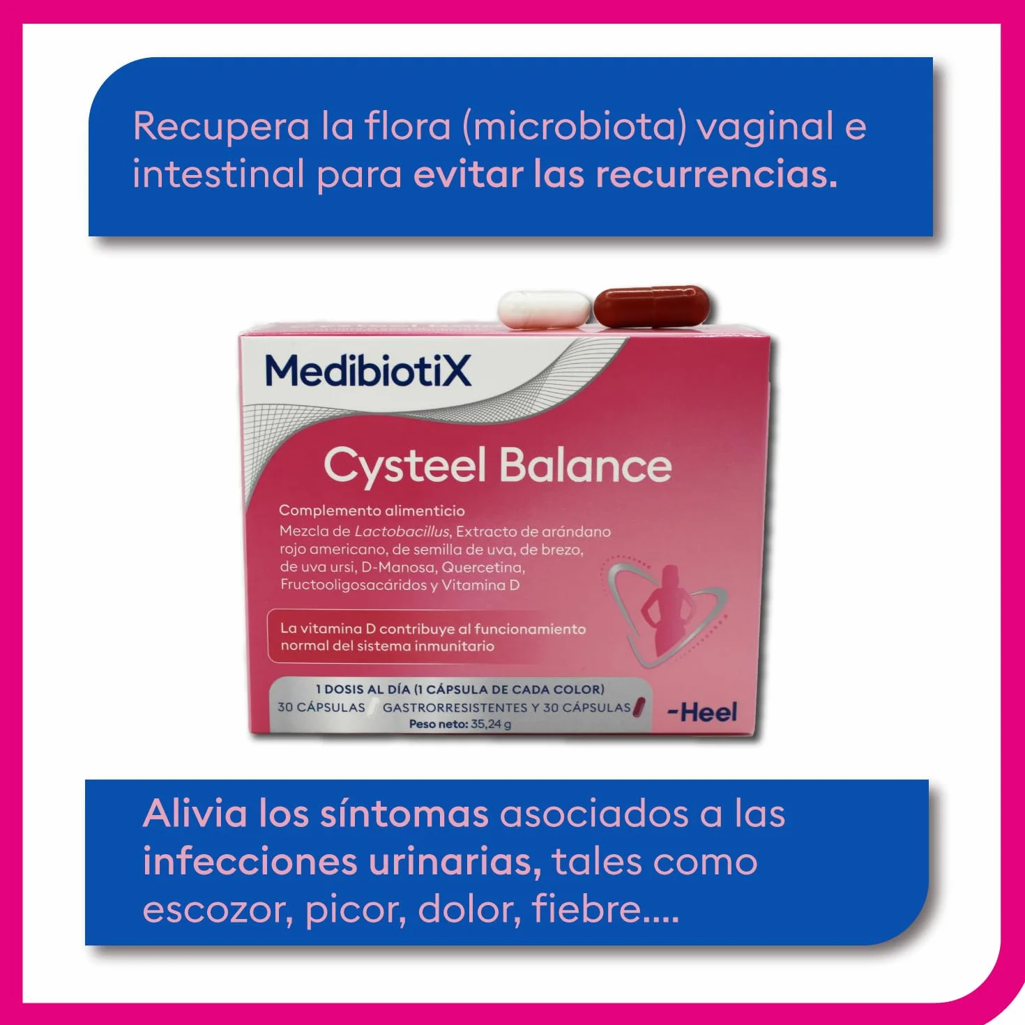 Cysteel Balance Heel Probióticos y Prebióticos D-Manosa y Arándano Rojo Bienestar Urinario Salud Íntima Femenina Cápsulas Gastrorresistentes 30+30