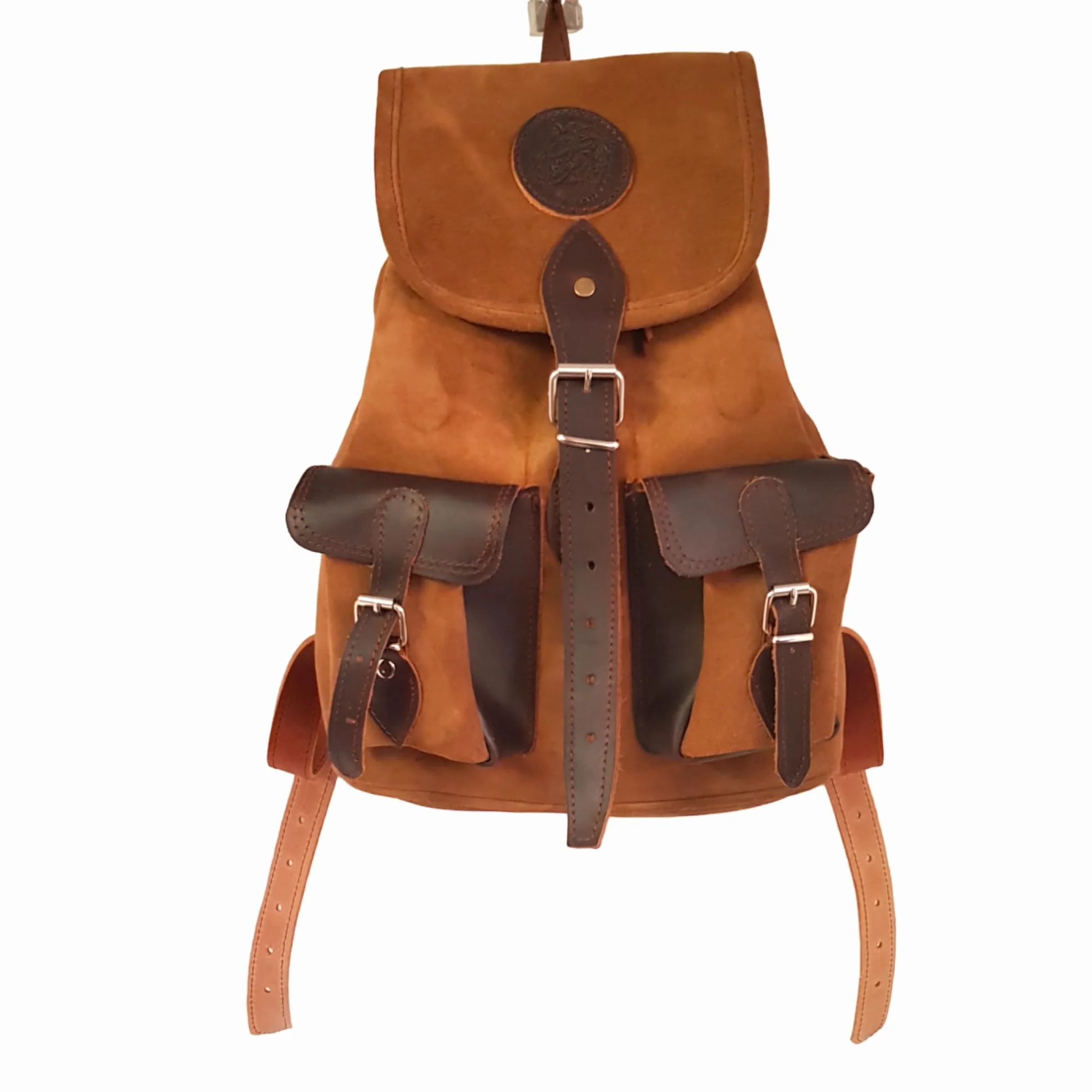 Mochila de caza en serraje y piel, con dos bolsillos frontales