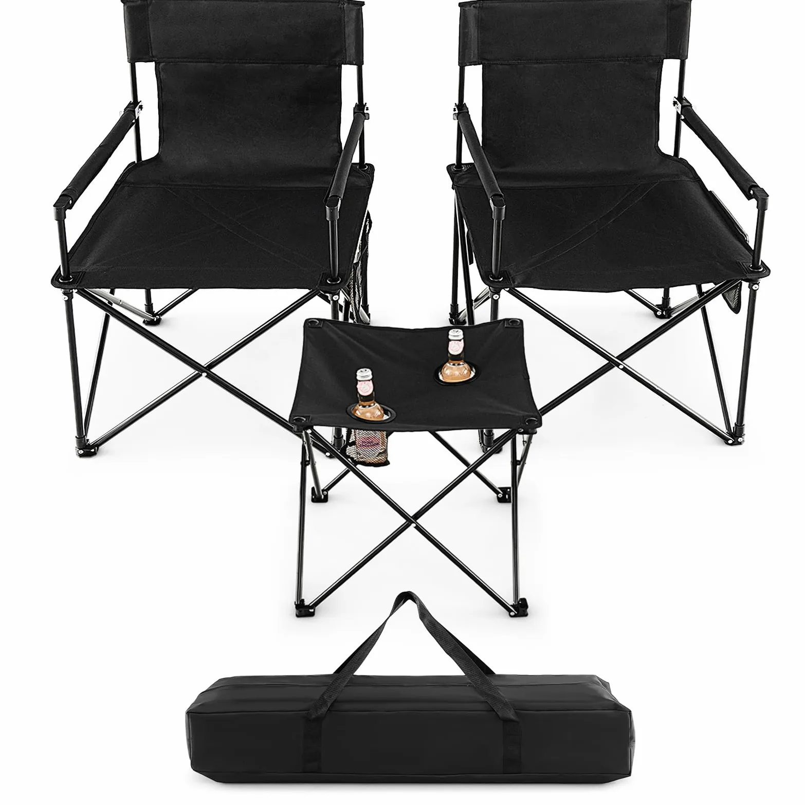 COSTWAY Juego de Sillas Camping Plegable y Mesa, 2 Sillas Camping Portátil y Mesa Auxiliar con 2 Portavasos, Bolsa de Transporte, Pesca, Picnic, Barbacoa, Negro