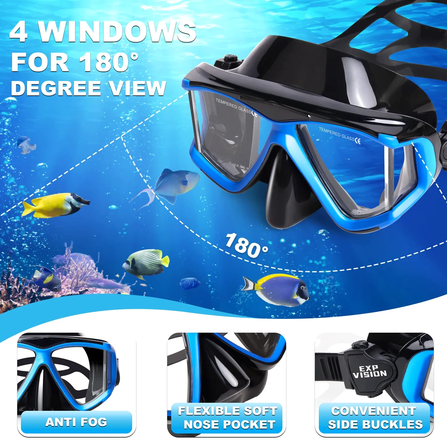 Juego de esnórquel Pano 4 para adultos, máscara de esnórquel profesional antivaho, máscara de buceo de vidrio templado para buceo libre, esnórquel y natación (juego de esnórquel azul)