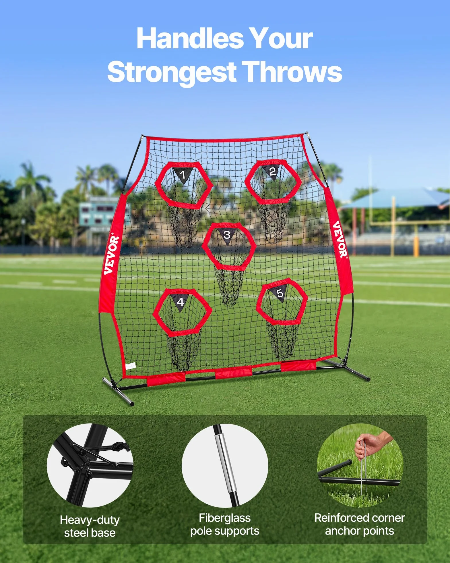 VEVOR Red de Lanzamiento para Entrenadores de fútbol, 1,8 x 1,8 m, Red de Entrenamiento con 5 Bolsillos para Diana, Red sin Nudos con Correas y Bolsa de Transporte, Mejora la precisión de Lanzamiento