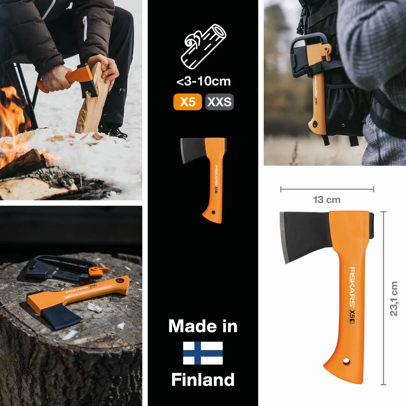 Fiskars Set de Camping, Hacha de recreo X5-XXS, 23 cm, Sierra de Mano Xtract SW73, Retráctil, 35 cm, Cuchillo Multifuncional con funda e integrador afilador de cuchillos, 21,5 cm, 1057912.