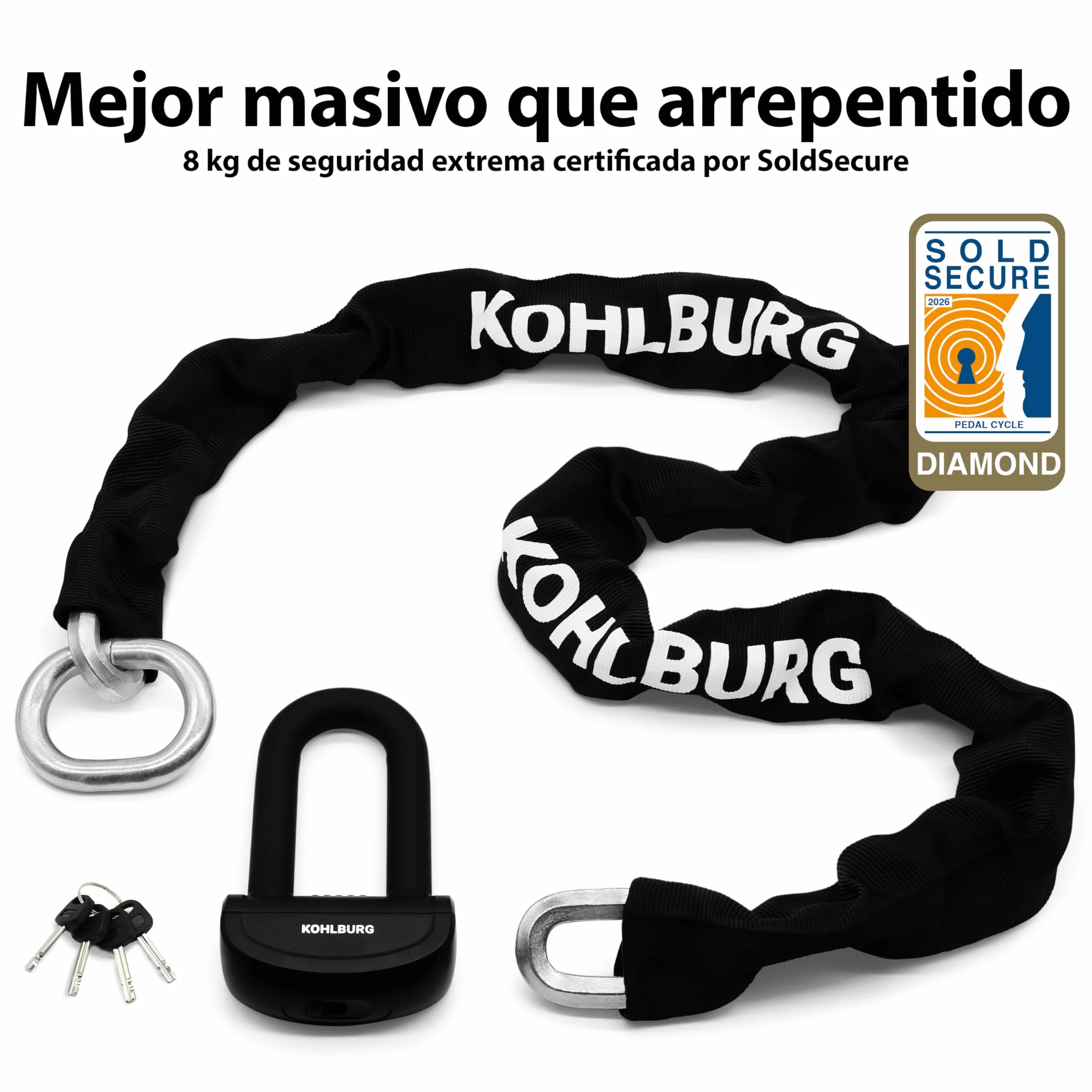 KOHLBURG antirrobo de cadena macizo para moto 8kg, 210 cm de longitud con nuestro nivel de seguridad más alto 15+ de 15, cadena de acero de 13 mm super robusta como candado para moto, scooter y e-bike
