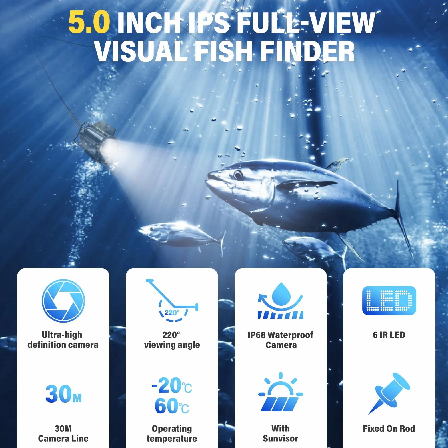 Cámara de pesca submarina IP65 con visión nocturna infrarroja y pantalla IPS de 5 pulgadas Deeper