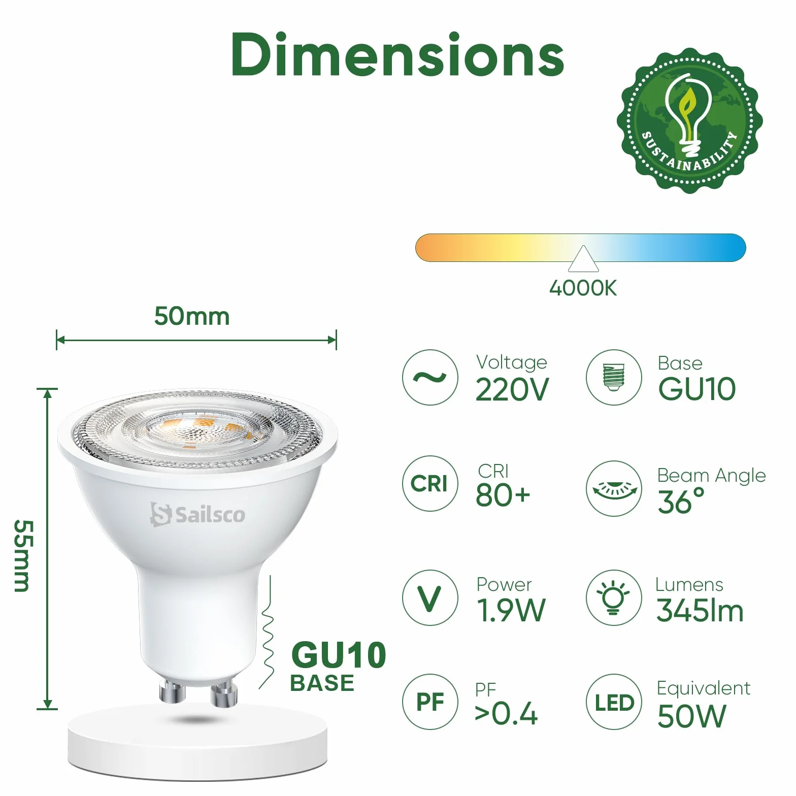 GU10 LED Spot Bombilla Blanco Neutra 1.9W 4000K 50W Equivalente Ángulo de Haz 36° No Regulable 12 Piezas