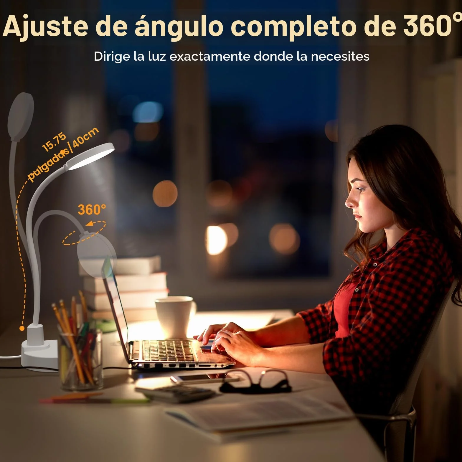 Lámpara de escritorio LED 15W regulable USB-A USB-C 3 temperaturas de color 5 niveles de brillo cuello cisne flexible 360° protección ojos