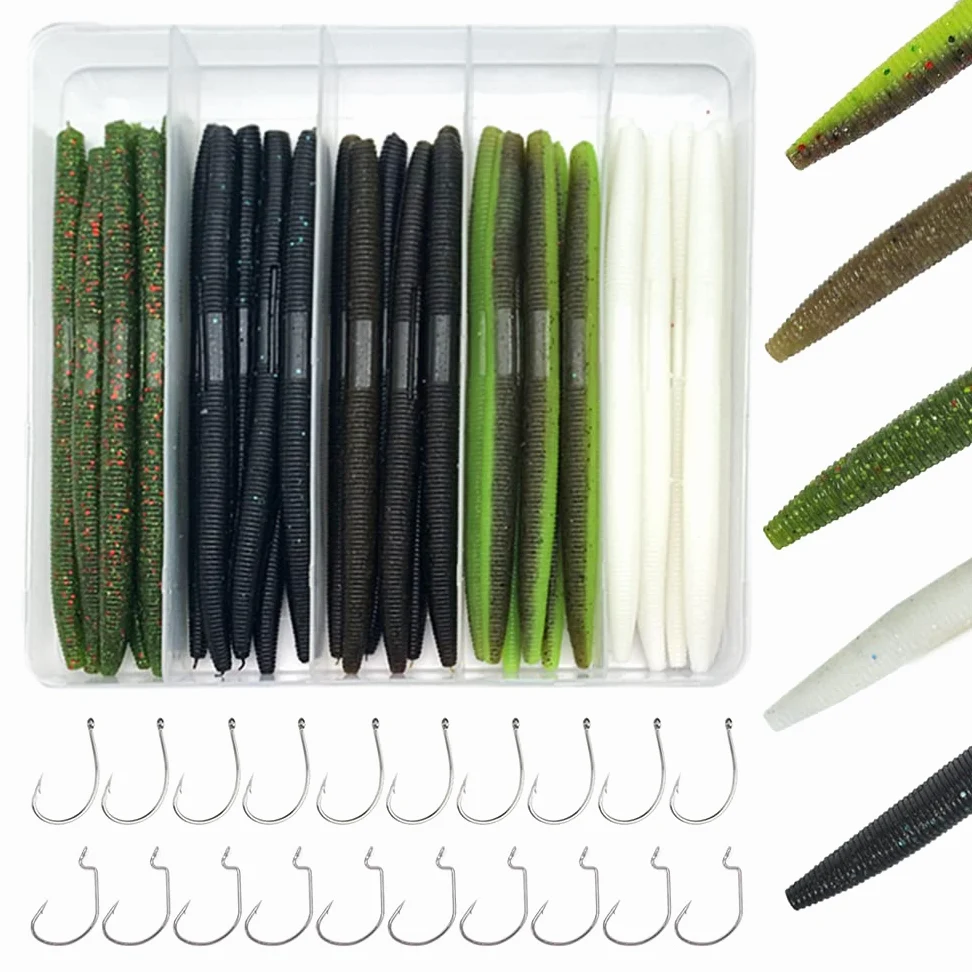 Senko Gusanos para Pesca de lubina, señuelos de Pesca de plástico Blando, 30 Gusanos de Pesca de Goma, Gusanos Locos de 5 Pulgadas para lubina Agua Dulce Agua Salada