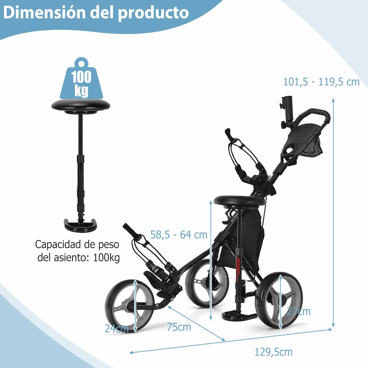 COSTWAY Carro de Golf Plegable 3 Ruedas con Altura Regulable, Asiento, Porta Paraguas y Bebidas