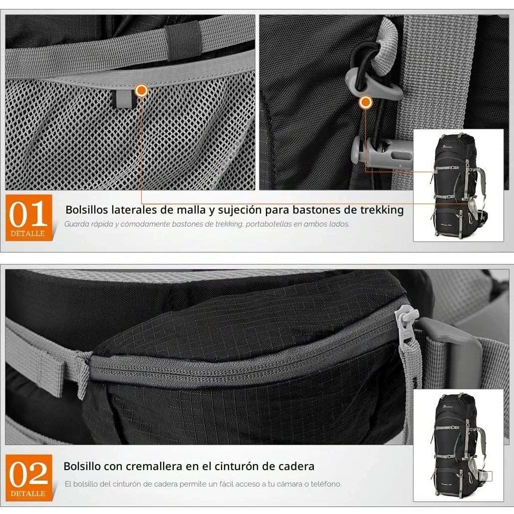 MOUNTAINTOP 70L Mochila de Senderismo para Hombre y Mujer, Mochila Trekking Unisex, Espaciosa y Resistente para Montaña, Viajes y Acampadas, con Soporte Lumbar Acolchado y Múltiples Bolsillos | Para trekking larga distancia y acampada, cremalleras YKK, fu