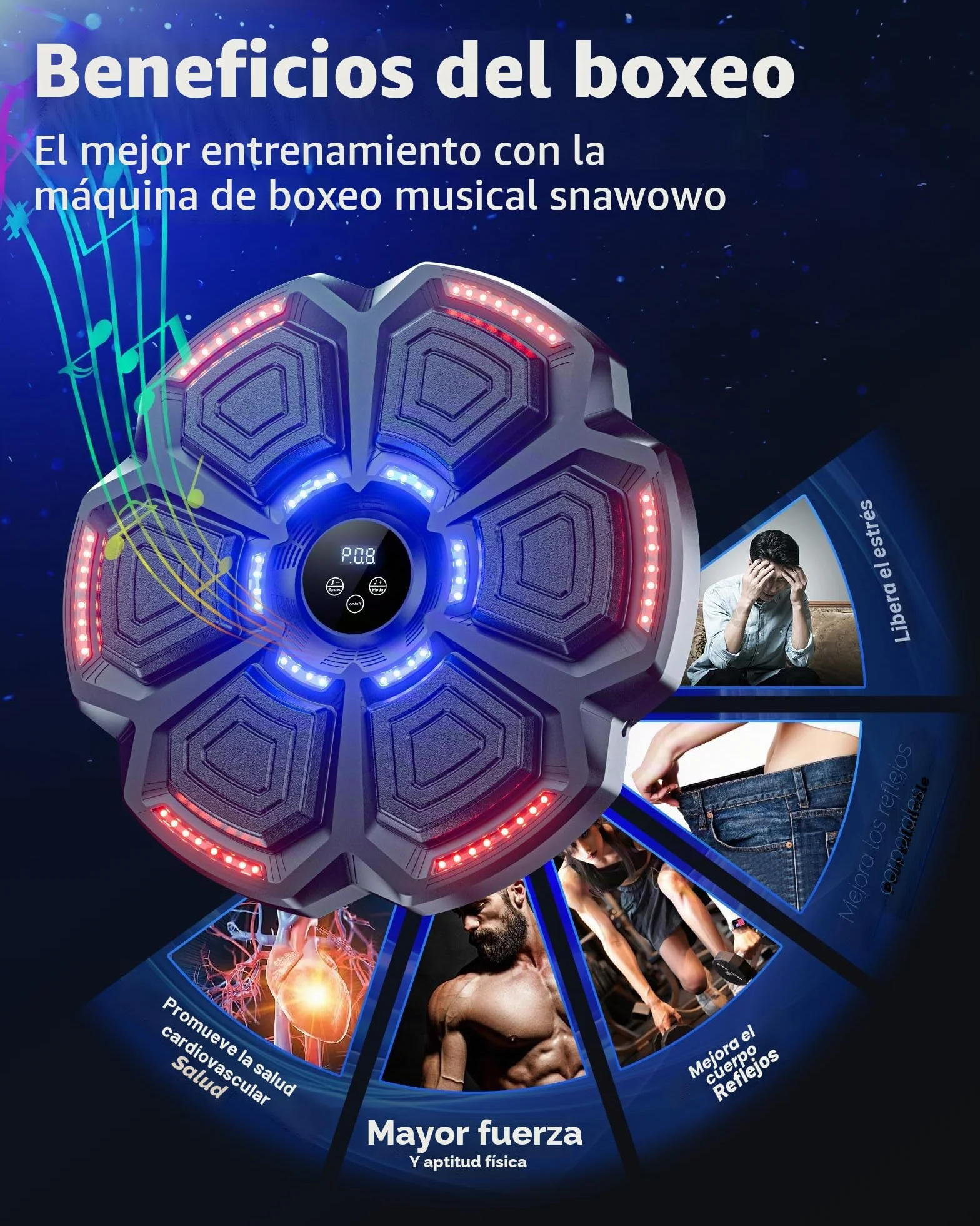 Maquina Boxeo Musical Pared 9 Modos Velocidad con Guantes Bluetooth Recuento Inteligente Luces Ritmo